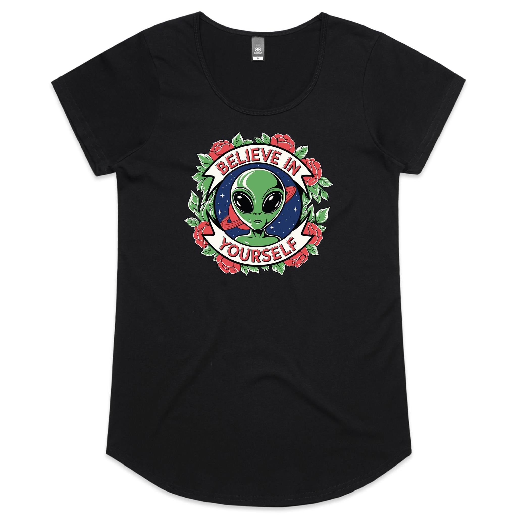 Believe In Yourself, Alien - Womens Scoop Neck T-Shirt Black Womens Scoop Neck T-shirt Motivation Positivity Printed In Australia Sci Fi