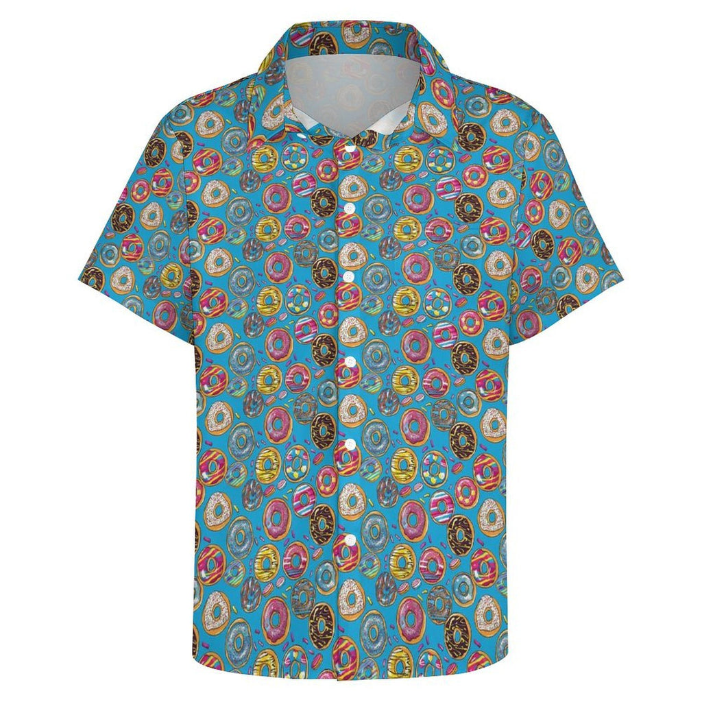 Doughnuts On Blue Women's Short-Sleeve Button Up Shirt Women's Short-Sleeve Button Up Shirt Food Printed Offshore