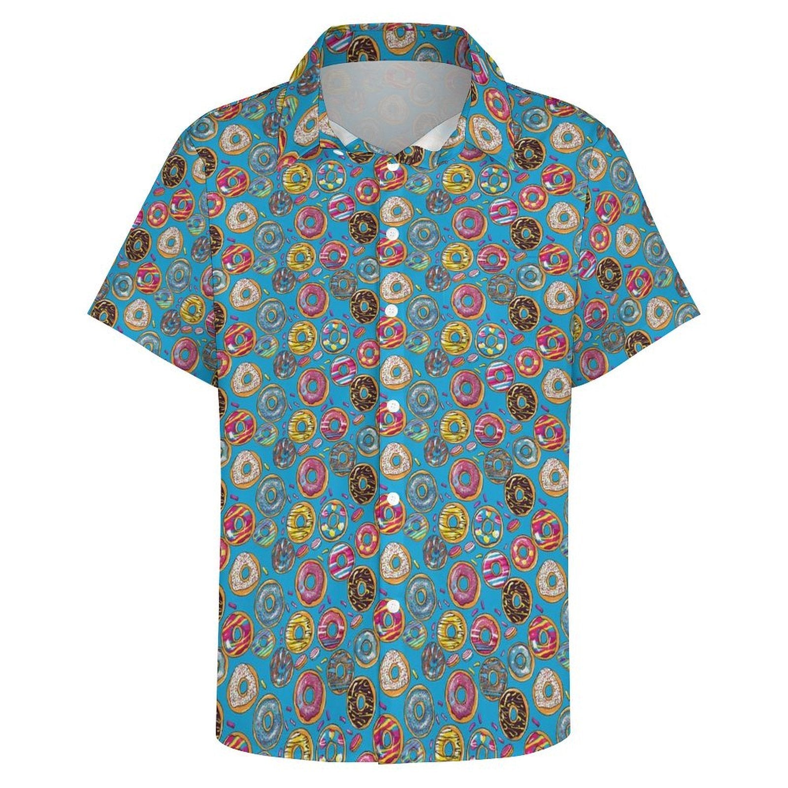Doughnuts On Blue Women's Short-Sleeve Button Up Shirt Women's Short-Sleeve Button Up Shirt Food Printed Offshore