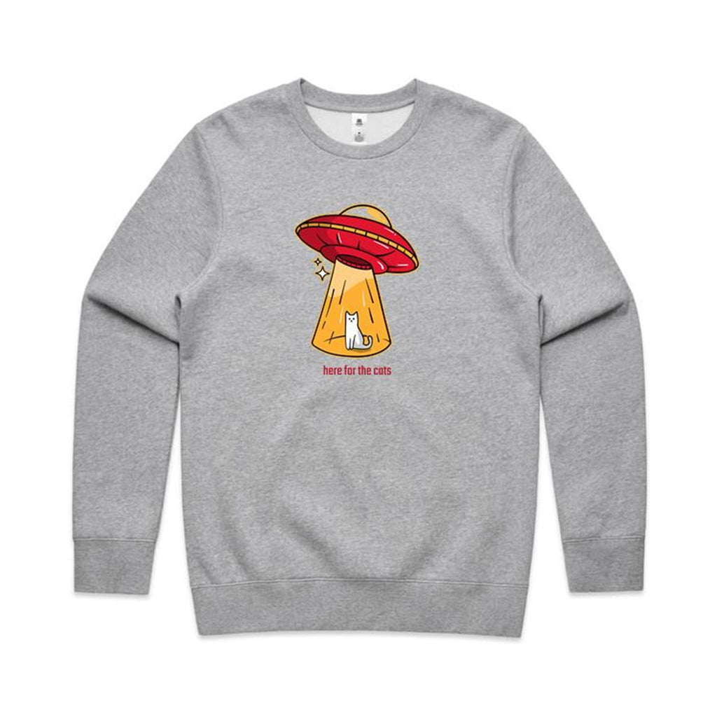 Here For The Cats, UFO - AS Colour Stencil Crew Grey Marle Sweatshirt animal Printed In Australia Sci Fi
