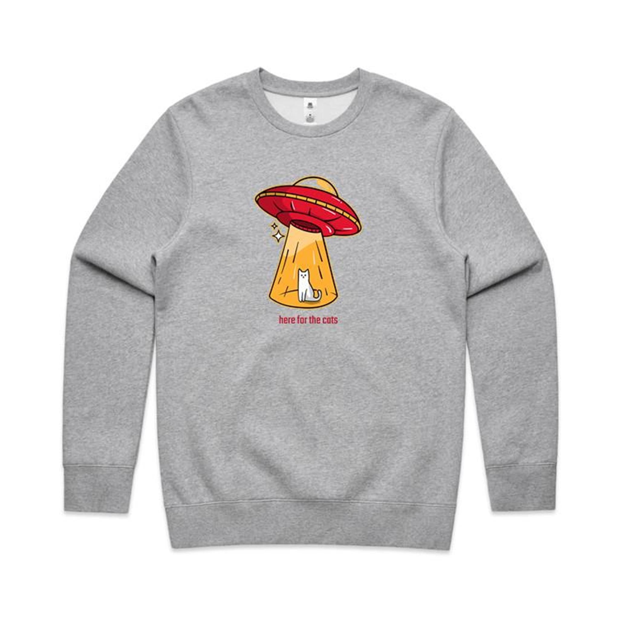 Here For The Cats, UFO - AS Colour Stencil Crew Grey Marle Sweatshirt animal Printed In Australia Sci Fi