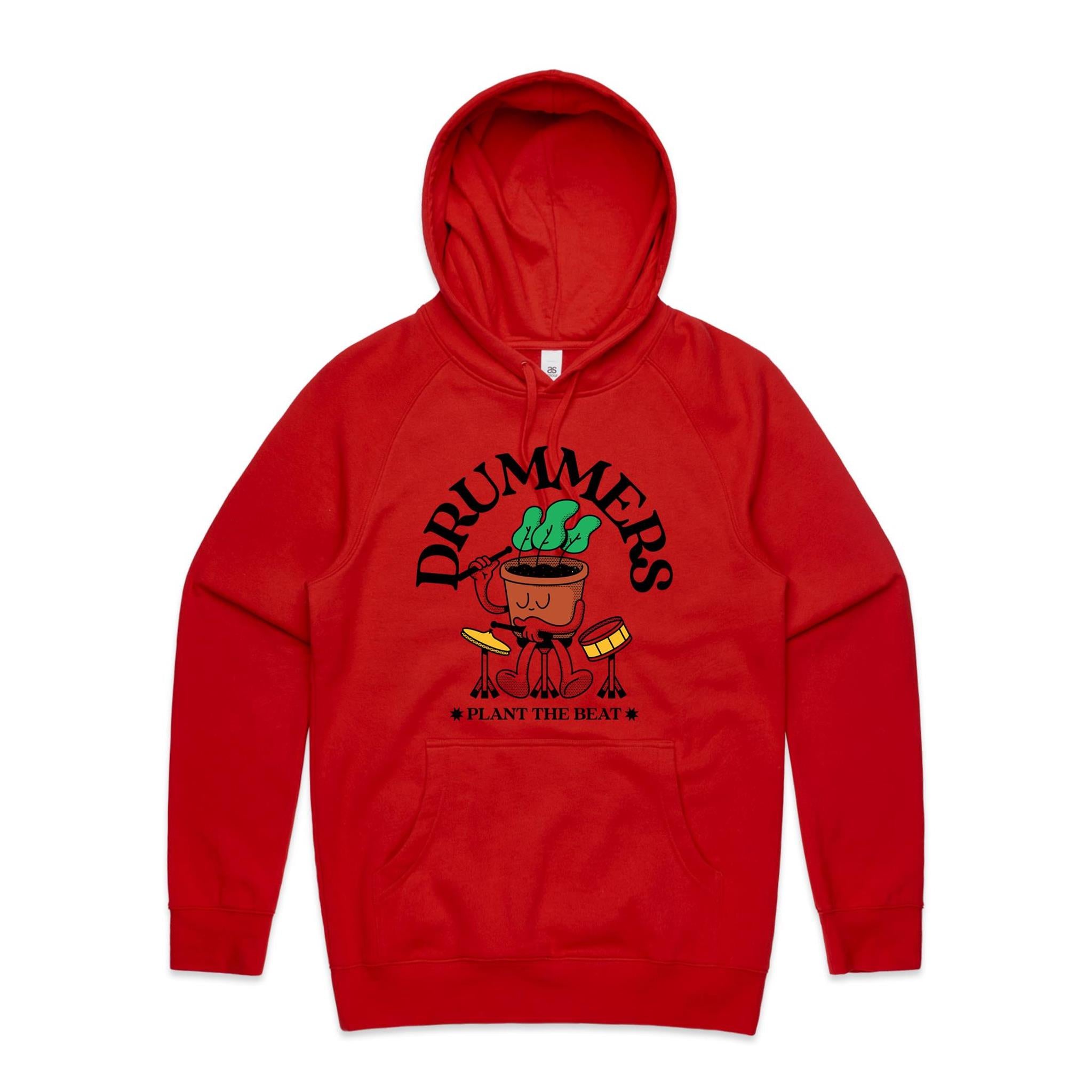 Drummers Plant The Beat - Mens Hoodie Red Mens Hoodie Music Printed In Australia
