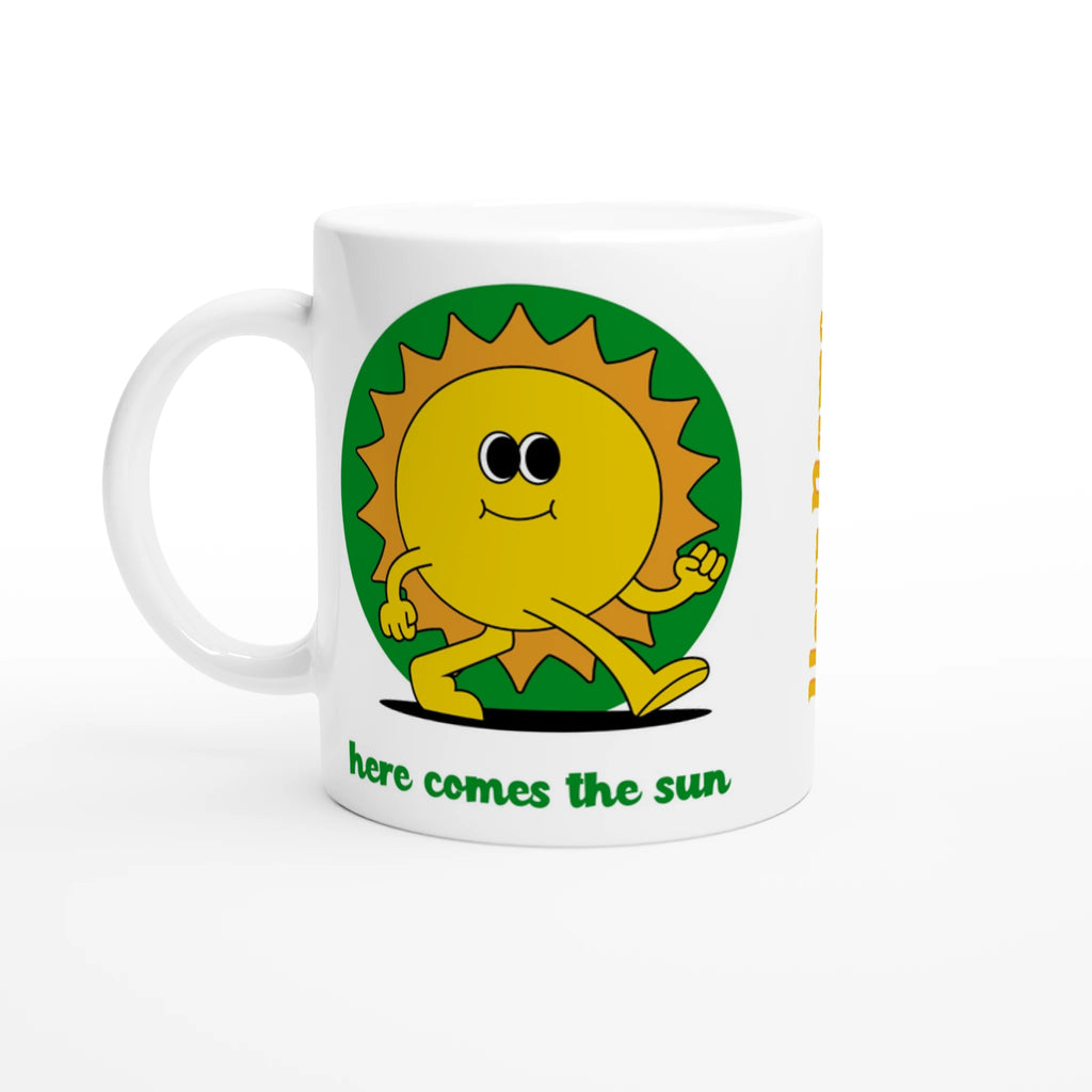 Personalised - Here Comes The Sun - White 11oz Ceramic Mug with Colour Inside Ceramic White Personalised 11oz Mug customise Globally Fulfilled personalise Retro Summer