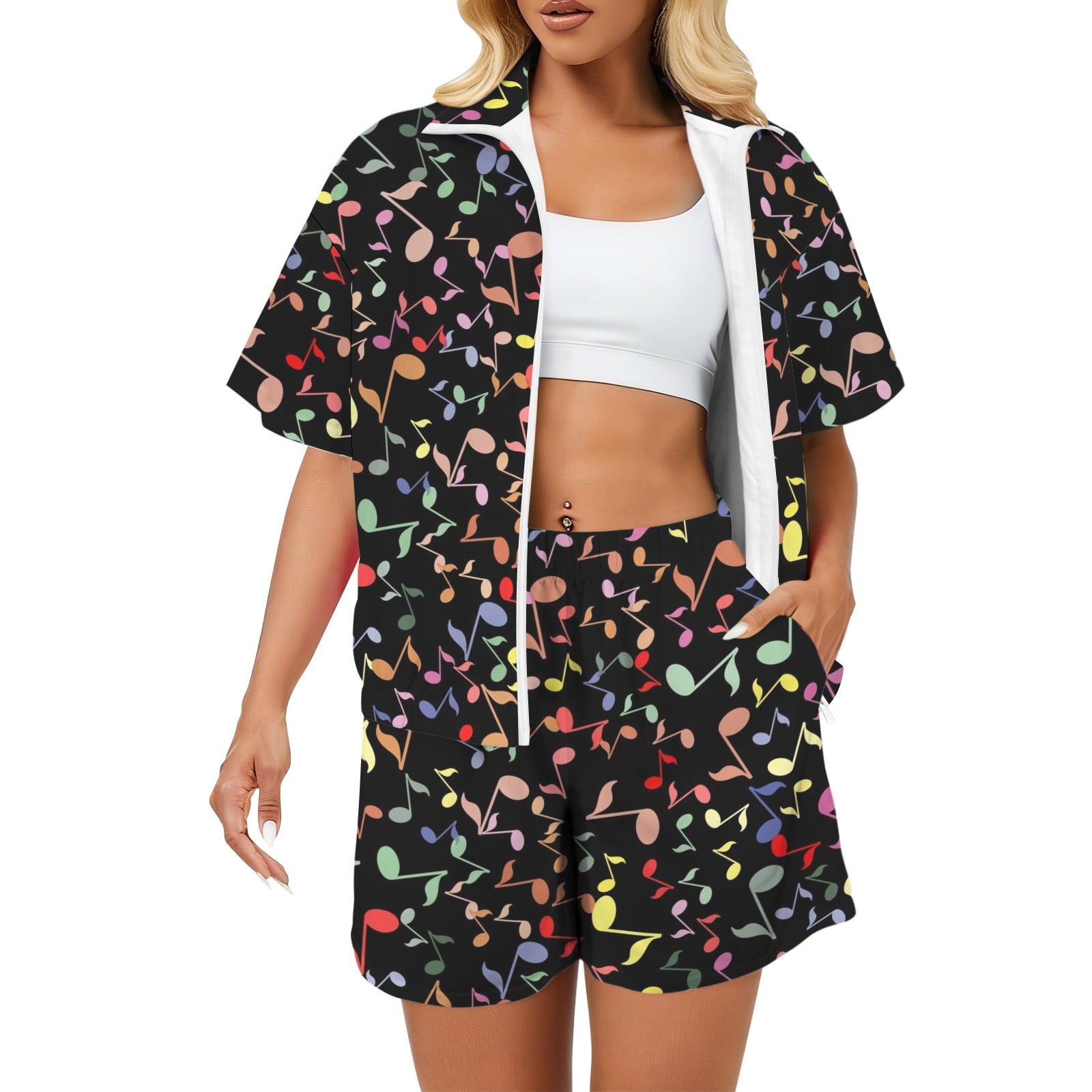 Quavers, Music Notes Women's Windbreaker Short Set 2XL Women's Windbreaker Short Set Music Printed Offshore