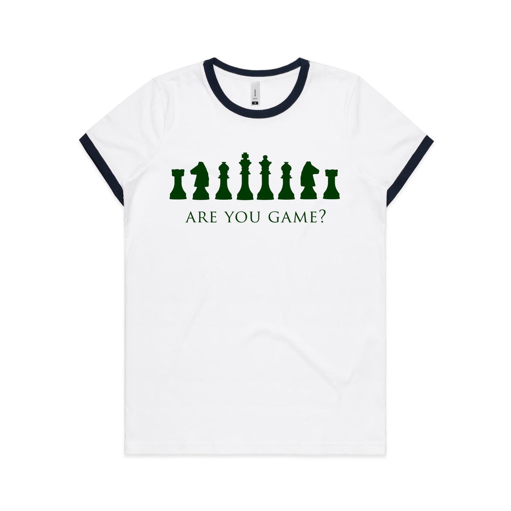 Are You Game, Chess - Women's Ringer Tee White Navy Womens Ringer T-shirt Chess Games Printed In Australia