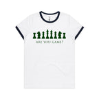 Are You Game, Chess - Women's Ringer Tee White Navy Womens Ringer T-shirt Chess Games Printed In Australia