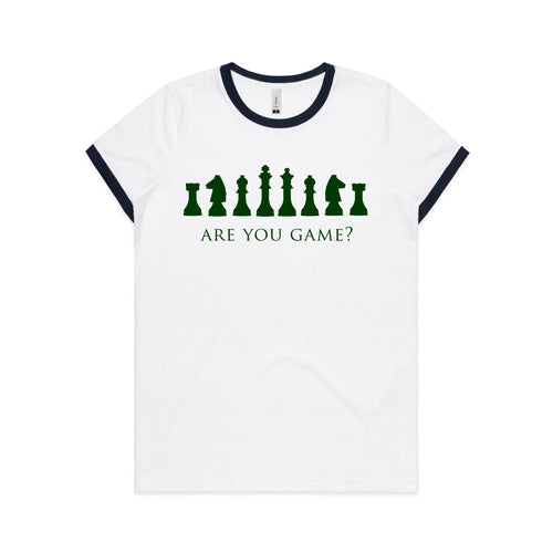 Are You Game, Chess - Women's Ringer Tee White Navy Womens Ringer T-shirt Chess Games Printed In Australia