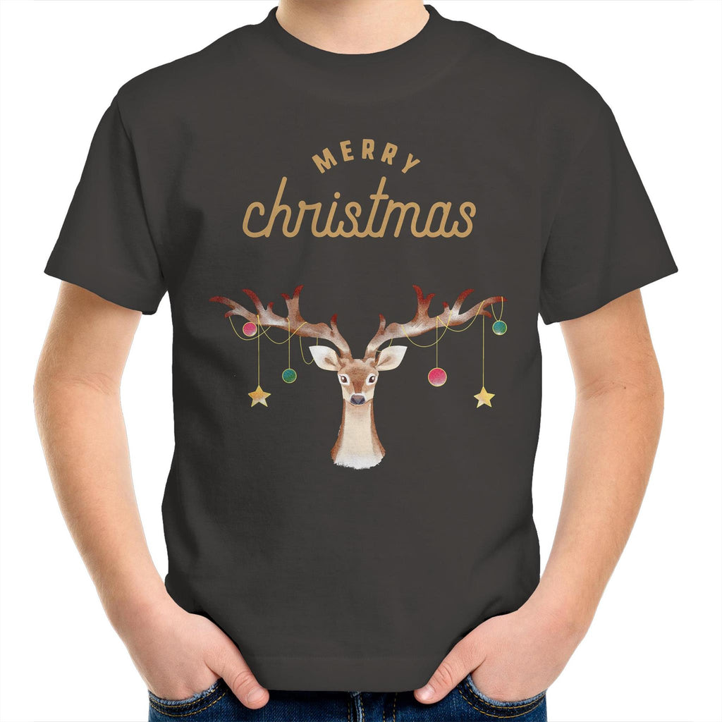 Merry Christmas Reindeer - Kids Youth T-Shirt Charcoal Kids Christmas T-shirt Christmas Printed In Australia
