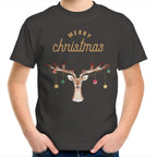 Merry Christmas Reindeer - Kids Youth T-Shirt Charcoal Kids Christmas T-shirt Christmas Printed In Australia