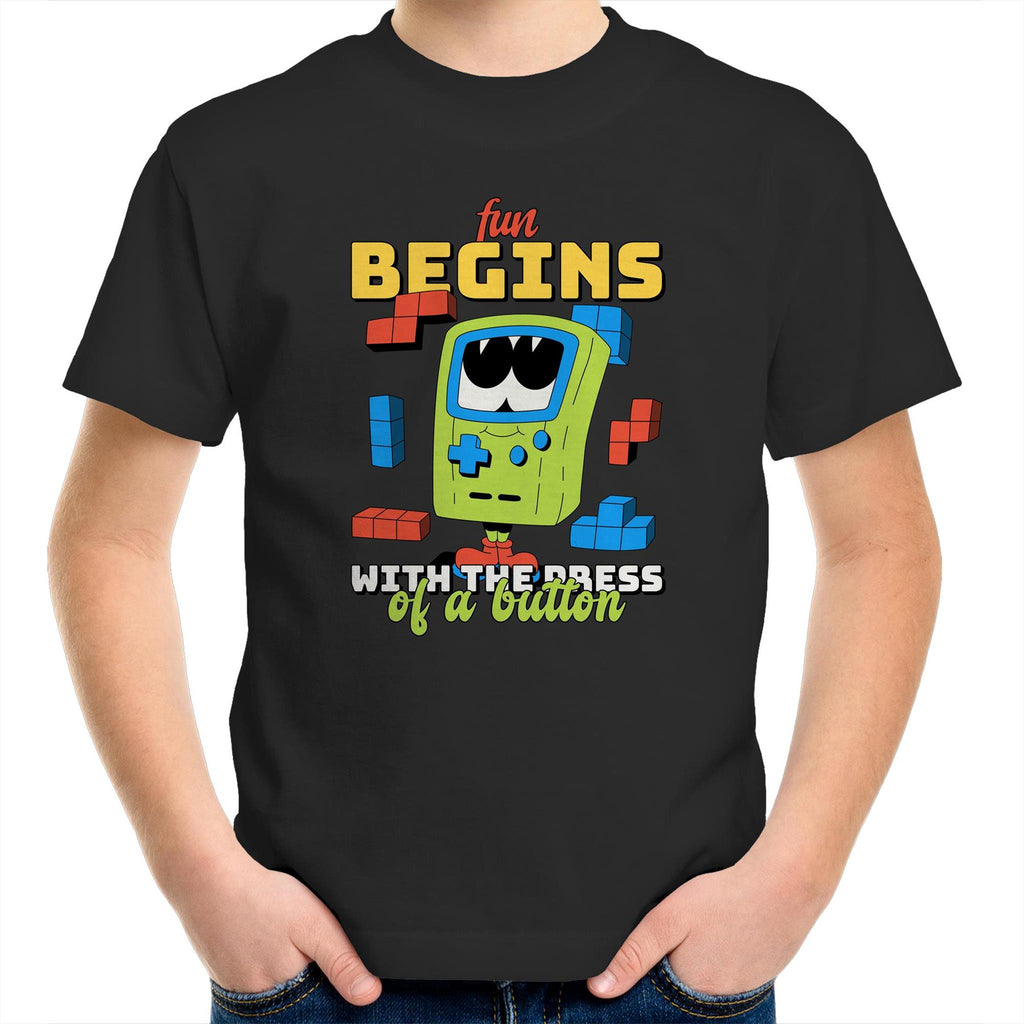 Fun Begins With The Press Of A Button, Video Game - Kids Youth T-Shirt Black Kids Youth T-shirt Games Printed In Australia