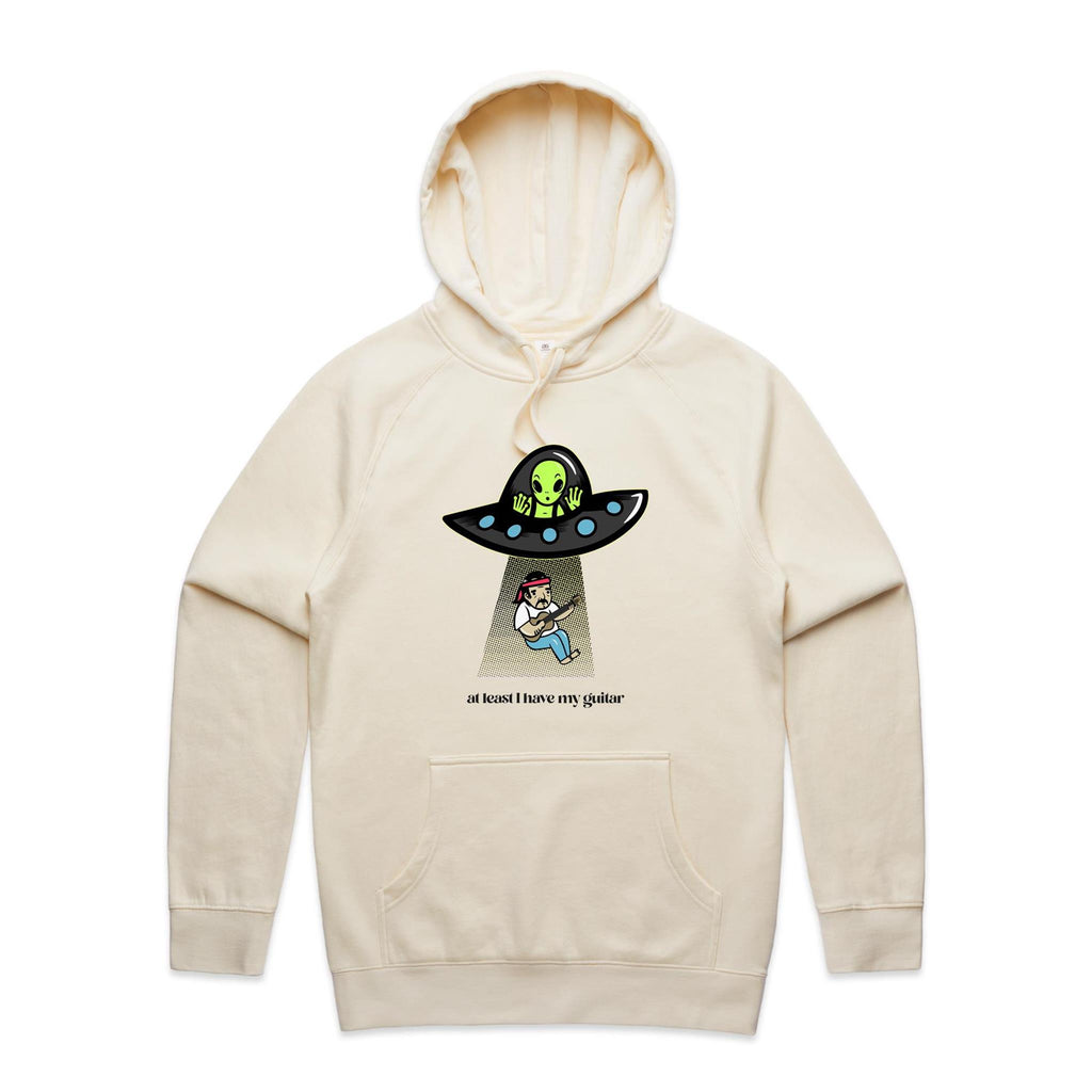 Guitarist Alien Abduction, At Least I Have My Guitar - Mens Hoodie Ecru Mens Hoodie Music Printed In Australia Sci Fi