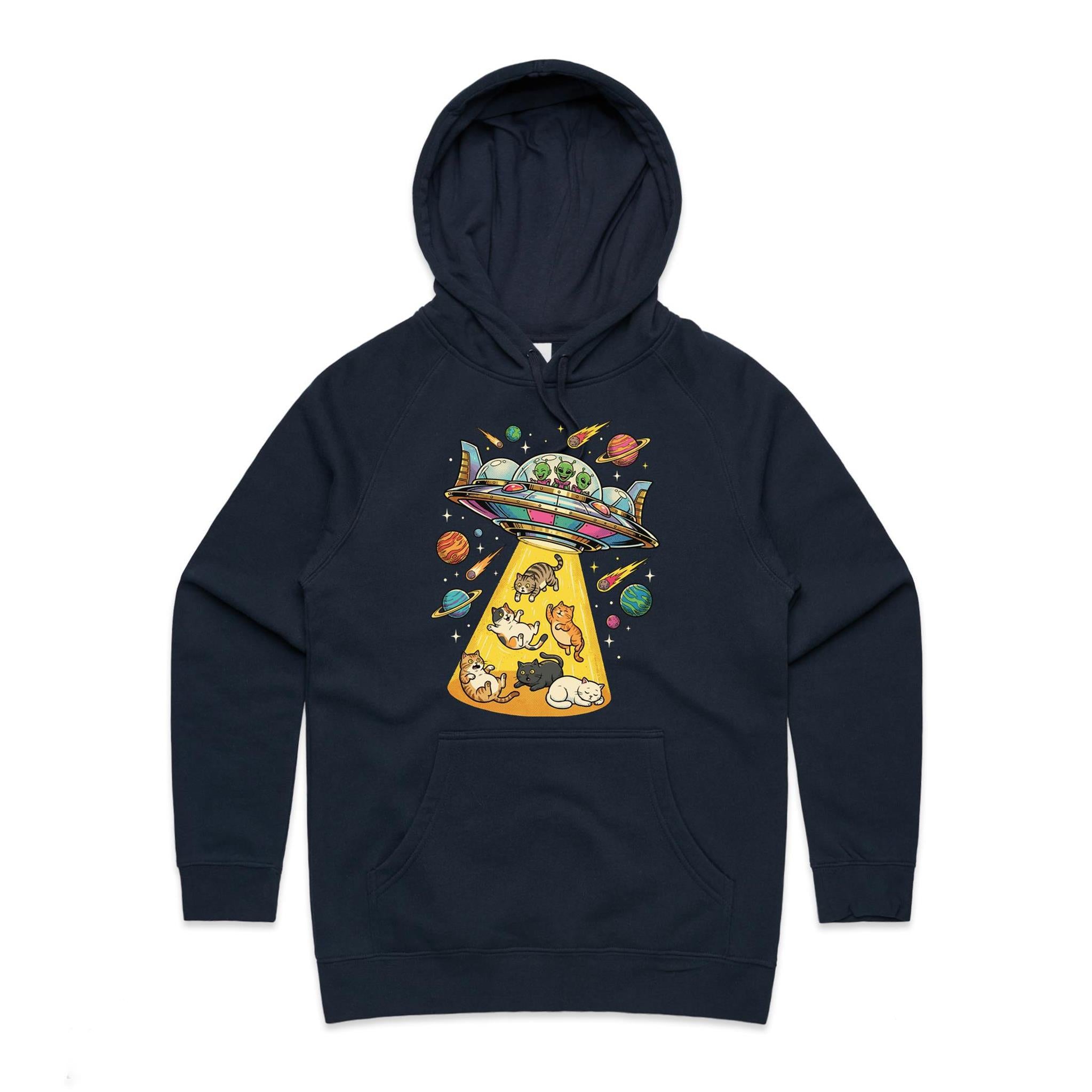 UFO Cat Abduction Women's AS Colour Hoodie Navy Womens Hoodie animal Printed In Australia Sci Fi