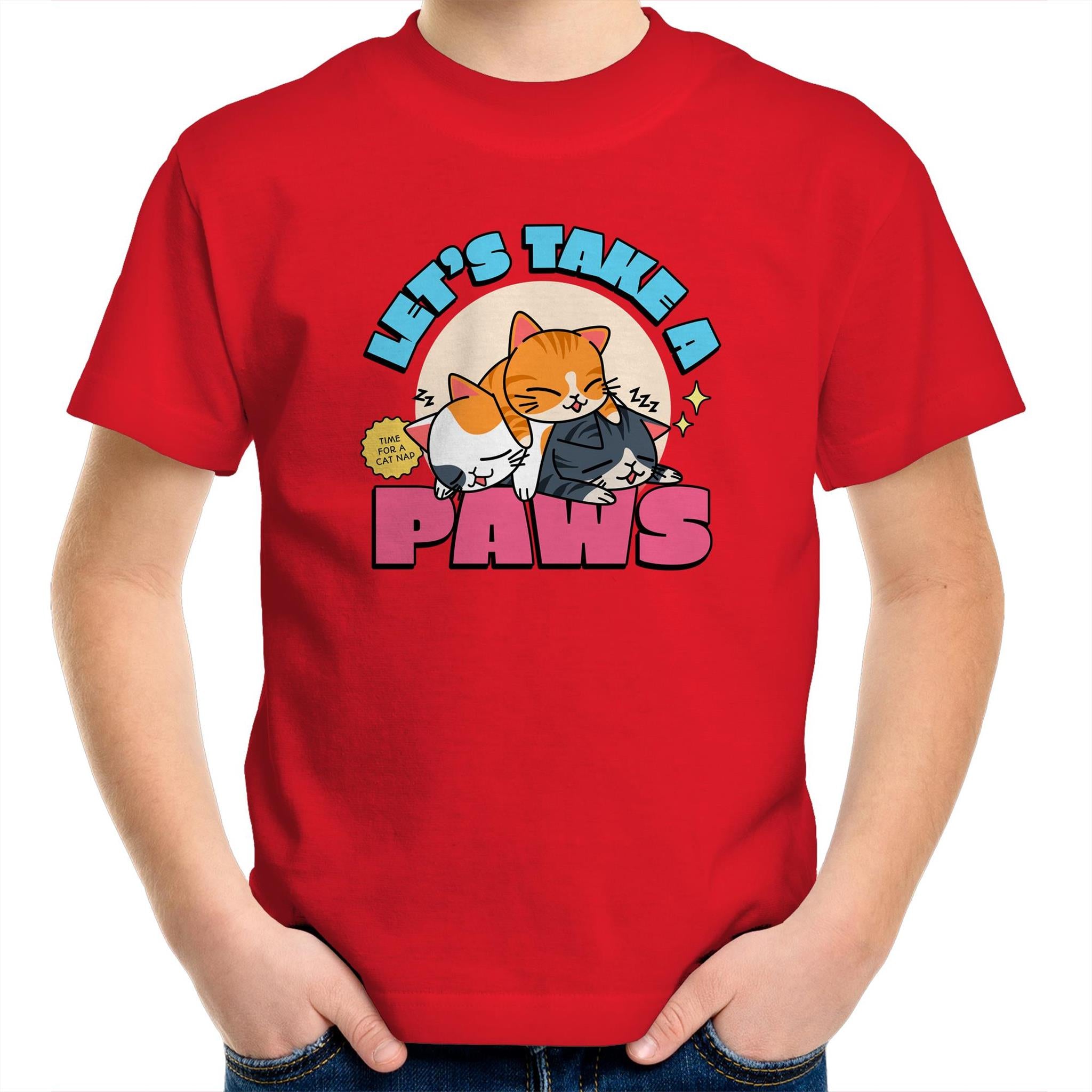 Let's Take A Paws, Cats - Kids Youth T-Shirt Red Kids Youth T-shirt animal Printed In Australia