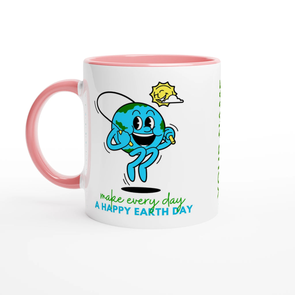 Personalised - Make Every Day A Happy Earth Day - White 11oz Ceramic Mug with Colour Inside Ceramic Pink Personalised 11oz Mug customise Environment Globally Fulfilled personalise