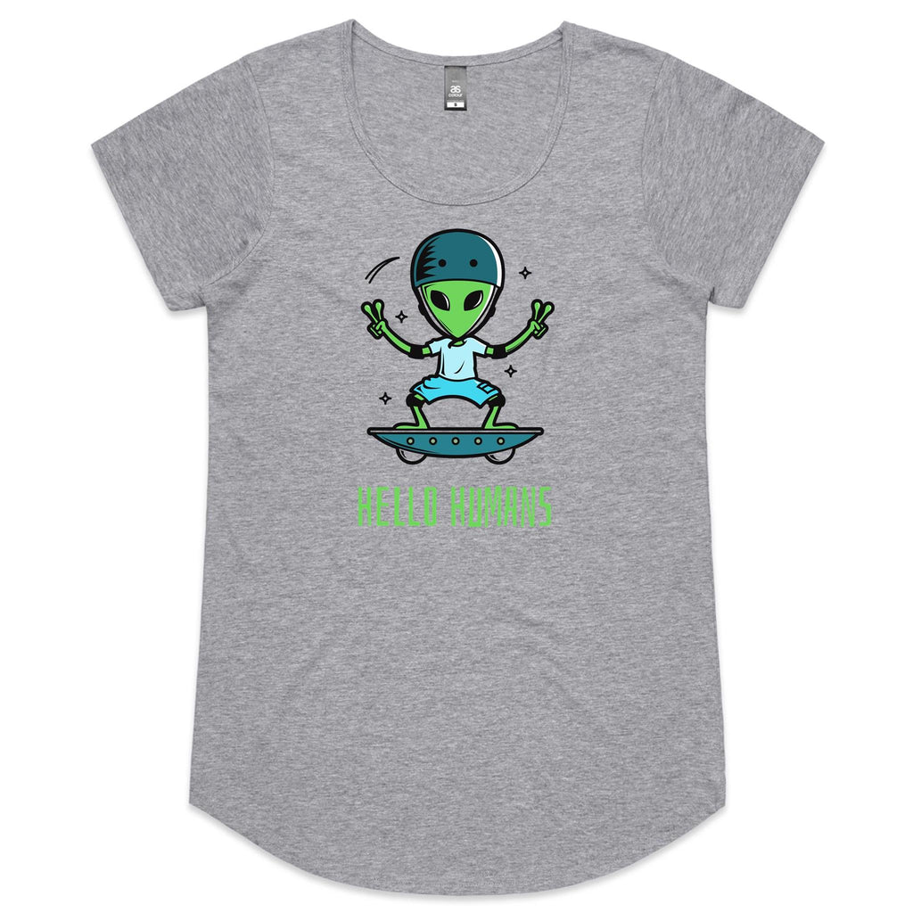 Hello Humans, Alien - Womens Scoop Neck T-Shirt Grey Marle Womens Scoop Neck T-shirt Printed In Australia Sci Fi