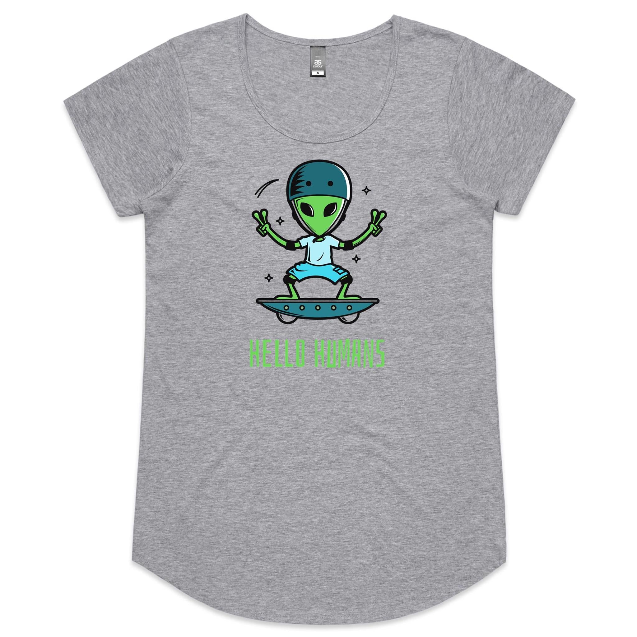 Hello Humans, Alien - Womens Scoop Neck T-Shirt Grey Marle Womens Scoop Neck T-shirt Printed In Australia Sci Fi