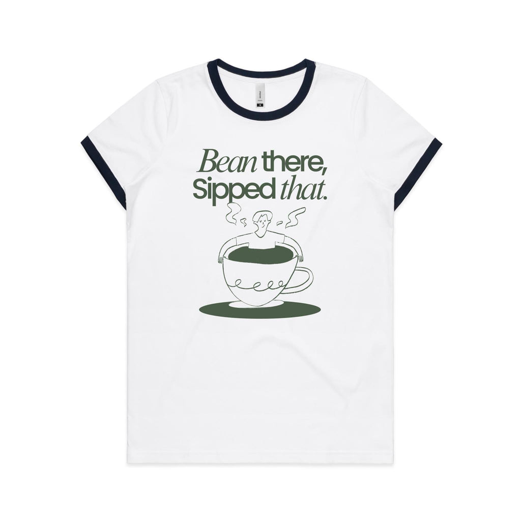 Bean There, Sipped That, Coffee - Women's Ringer Tee White Navy Womens Ringer T-shirt Coffee Printed In Australia