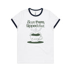 Bean There, Sipped That, Coffee - Women's Ringer Tee White Navy Womens Ringer T-shirt Coffee Printed In Australia