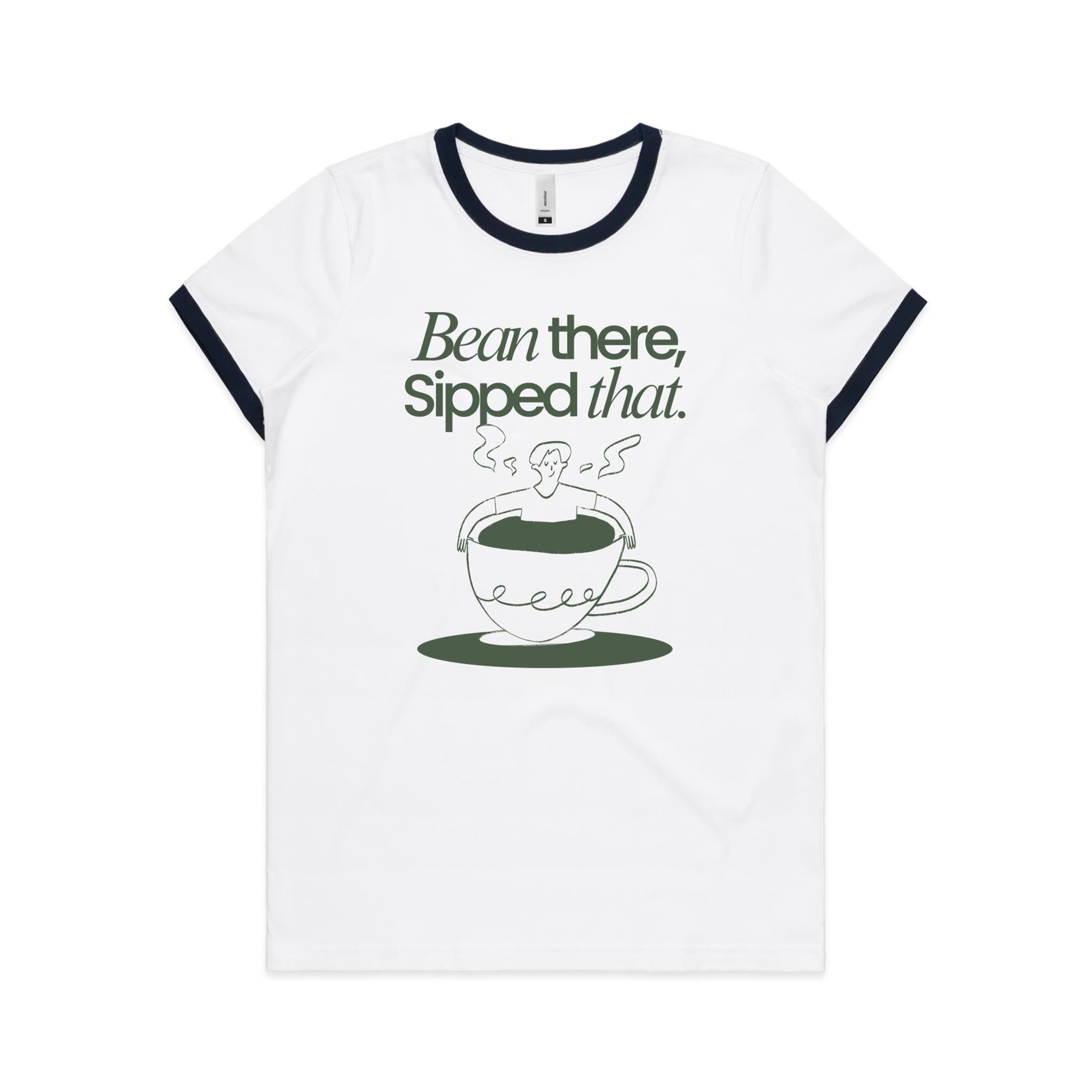 Bean There, Sipped That, Coffee - Women's Ringer Tee White Navy Womens Ringer T-shirt Coffee Printed In Australia