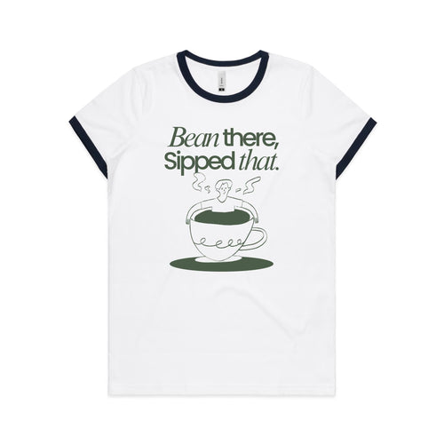 Bean There, Sipped That, Coffee - Women's Ringer Tee White Navy Womens Ringer T-shirt Coffee Printed In Australia