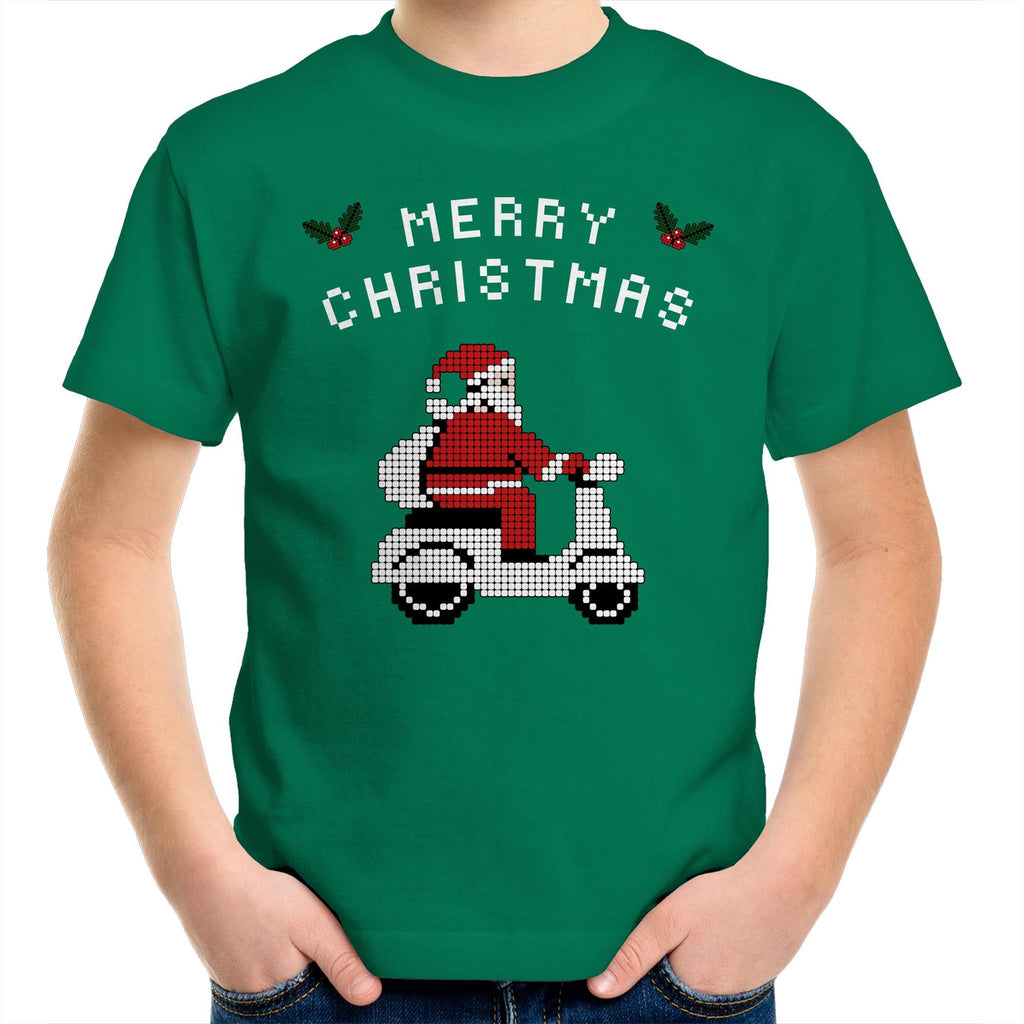 Scooter Santa - Kids Youth T-Shirt Kelly Green Kids Christmas T-shirt Christmas Printed In Australia