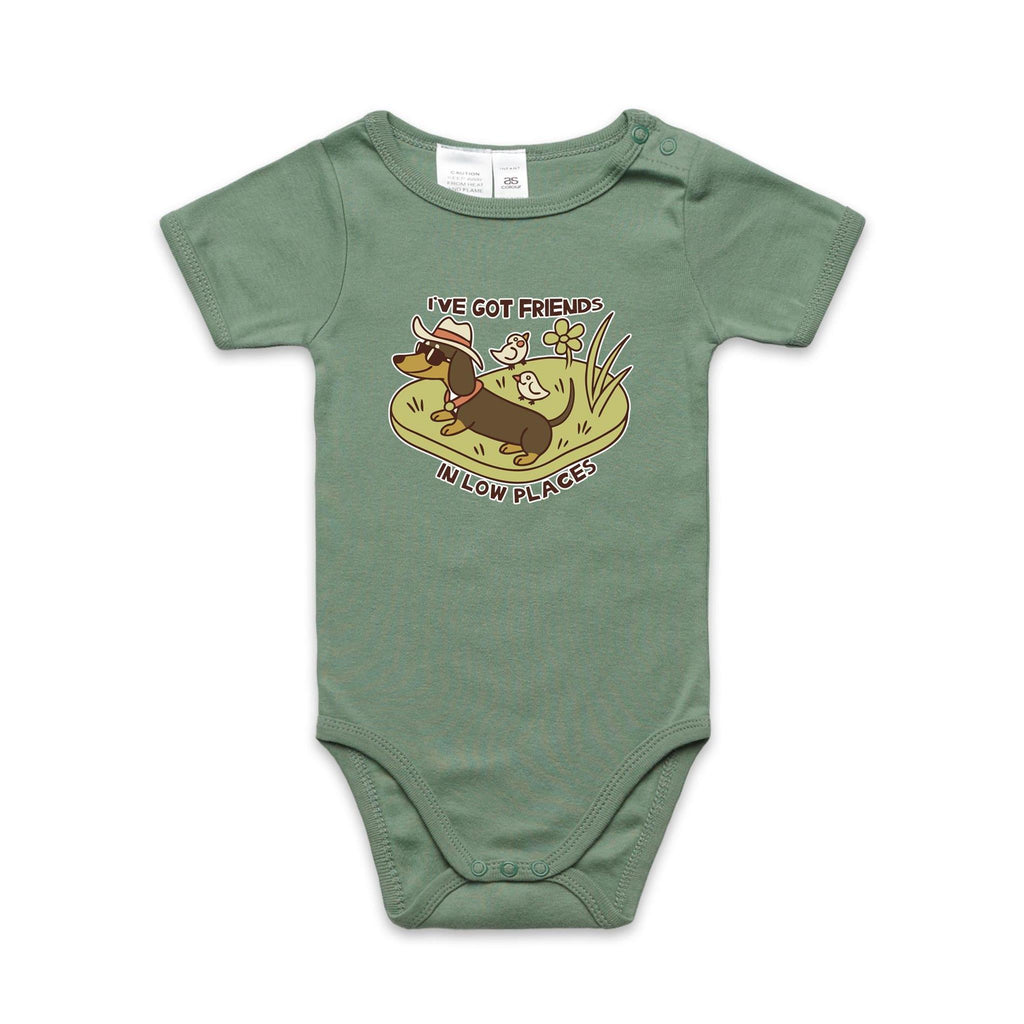 Dachshund, I've Got Friends In Low Places AS Colour Baby Bodysuit Sage Baby Bodysuit animal Printed In Australia