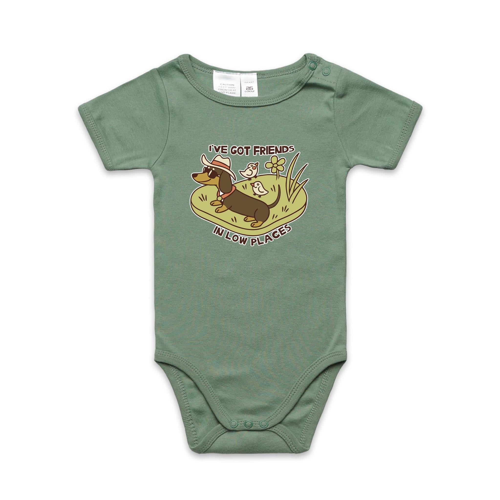 Dachshund, I've Got Friends In Low Places AS Colour Baby Bodysuit Sage Baby Bodysuit animal Printed In Australia