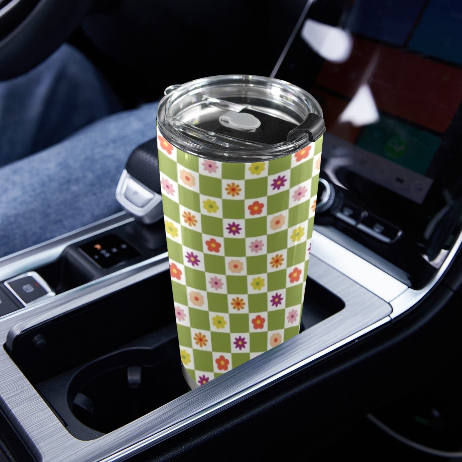 Flower Check 20oz Mobile Tumbler with Lid (Black Lock) 20oz Travel Mug Plants Printed Offshore