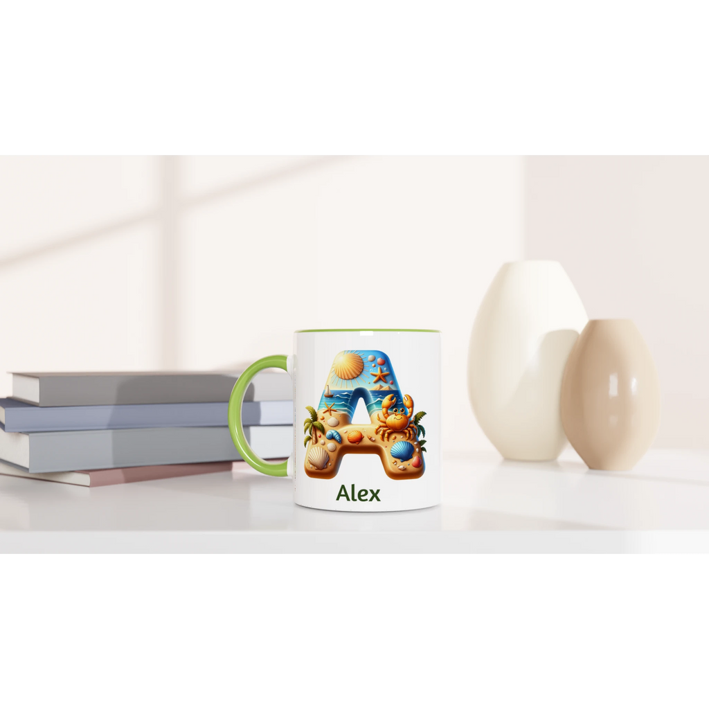 Personalised - Summer Beach Initials - White 11oz Ceramic Mug with Colour Inside Personalised 11oz Mug Customise Globally Fulfilled Personalise
