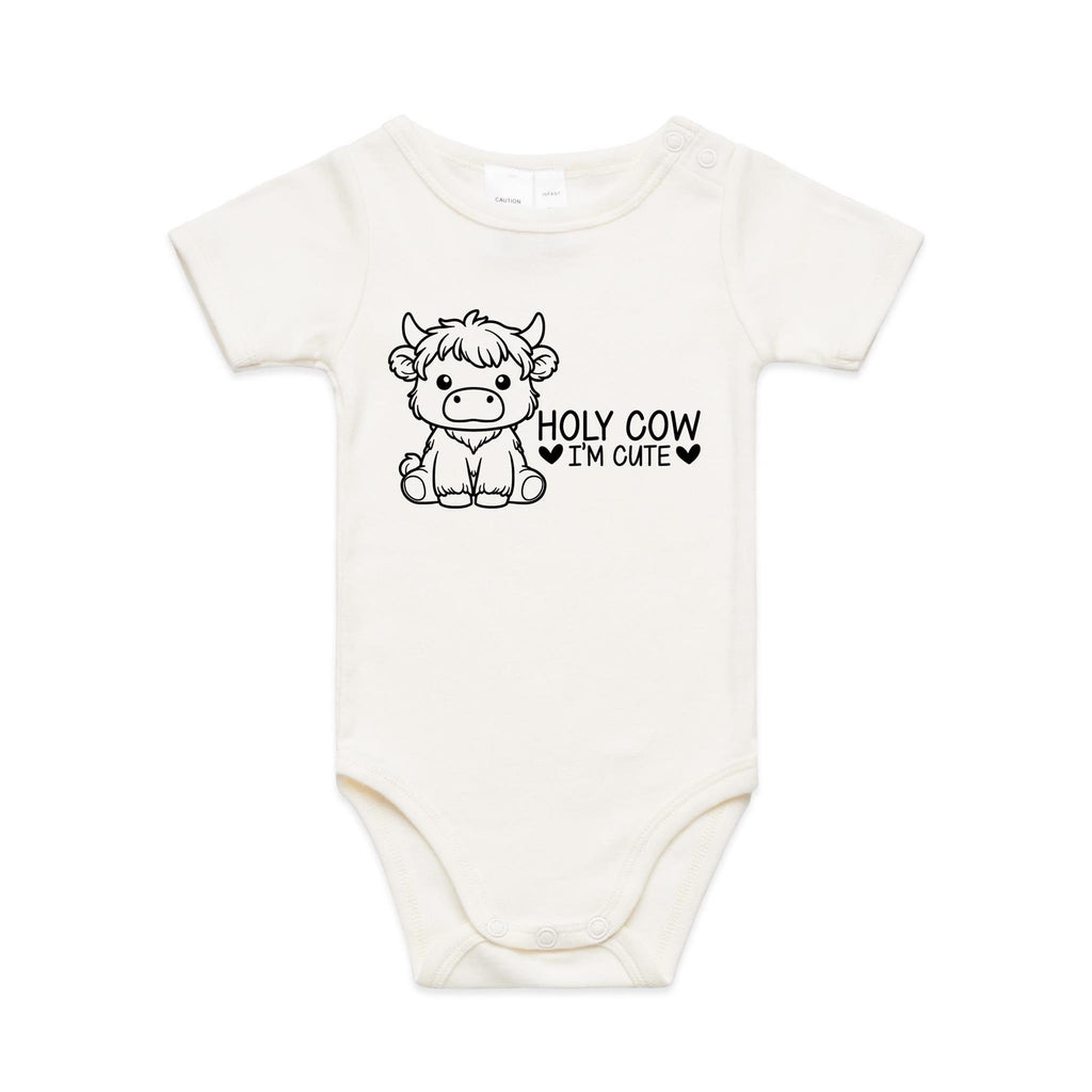 Holy Cow I'm Cute, Highland Cow AS Colour Baby Bodysuit Natural Baby Bodysuit Printed In Australia
