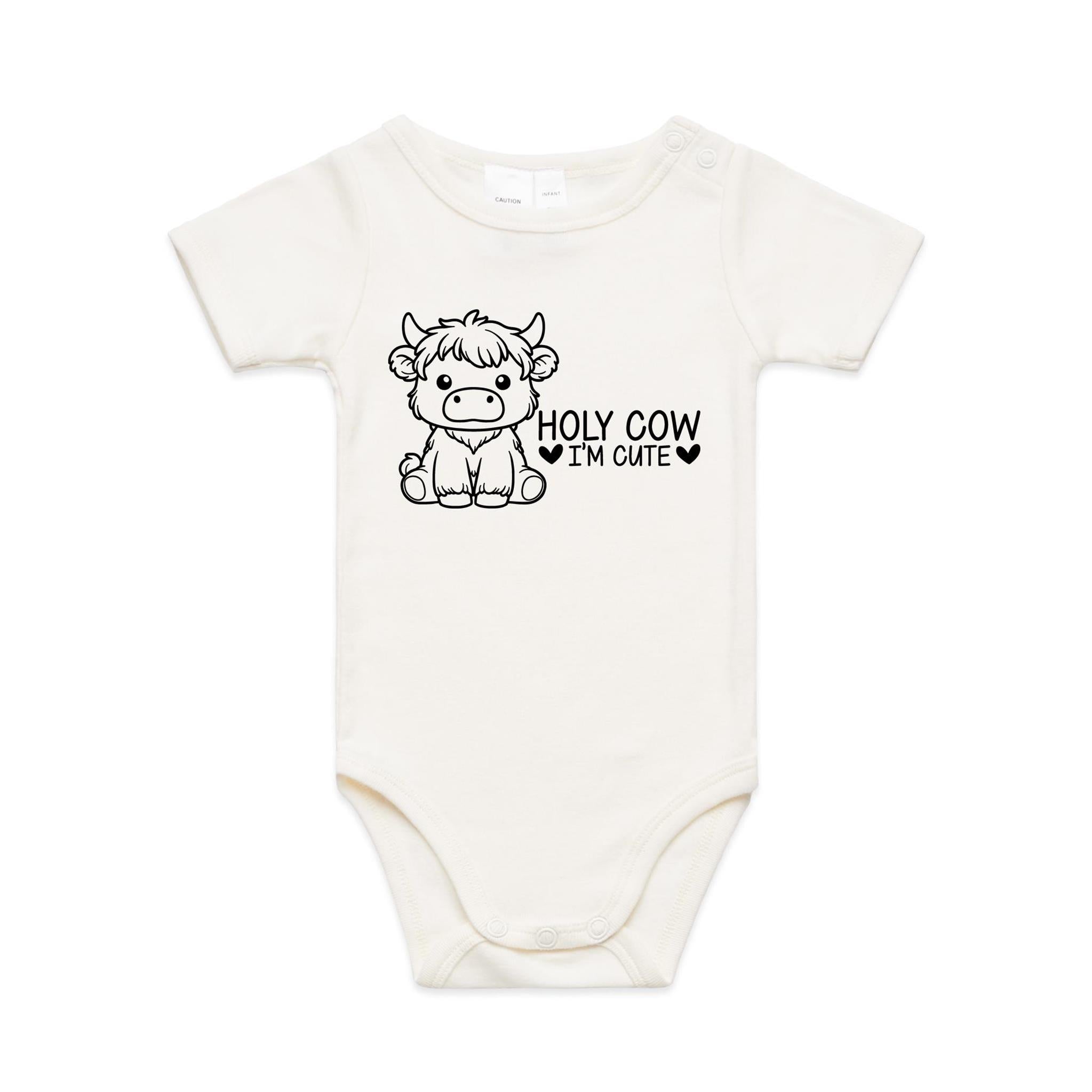 Holy Cow I'm Cute, Highland Cow AS Colour Baby Bodysuit Natural Baby Bodysuit Printed In Australia