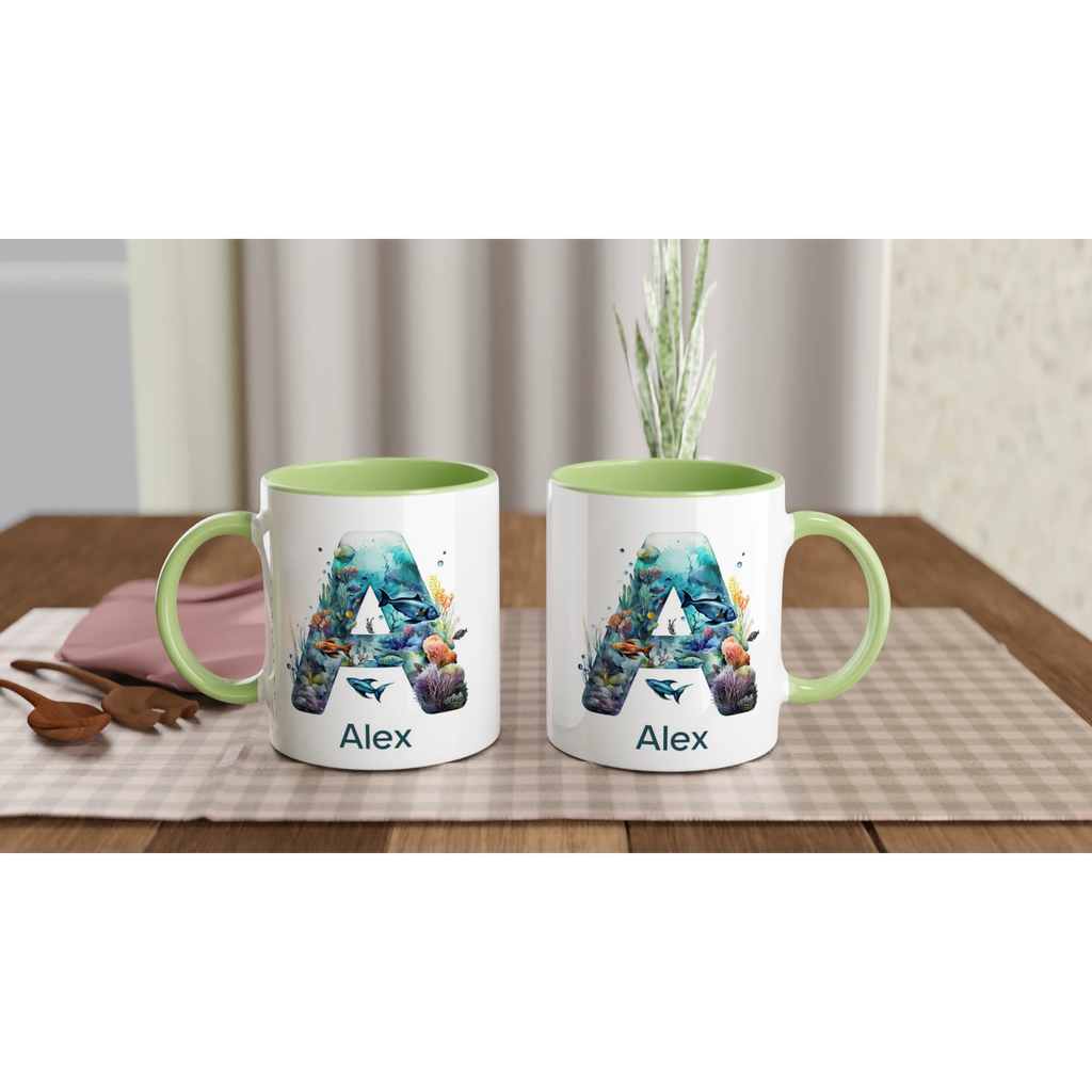 Coral Sea Initial 11oz Ceramic Mug Personalised 11oz Mug customise Globally Fulfilled Initial Name Ocean personalise