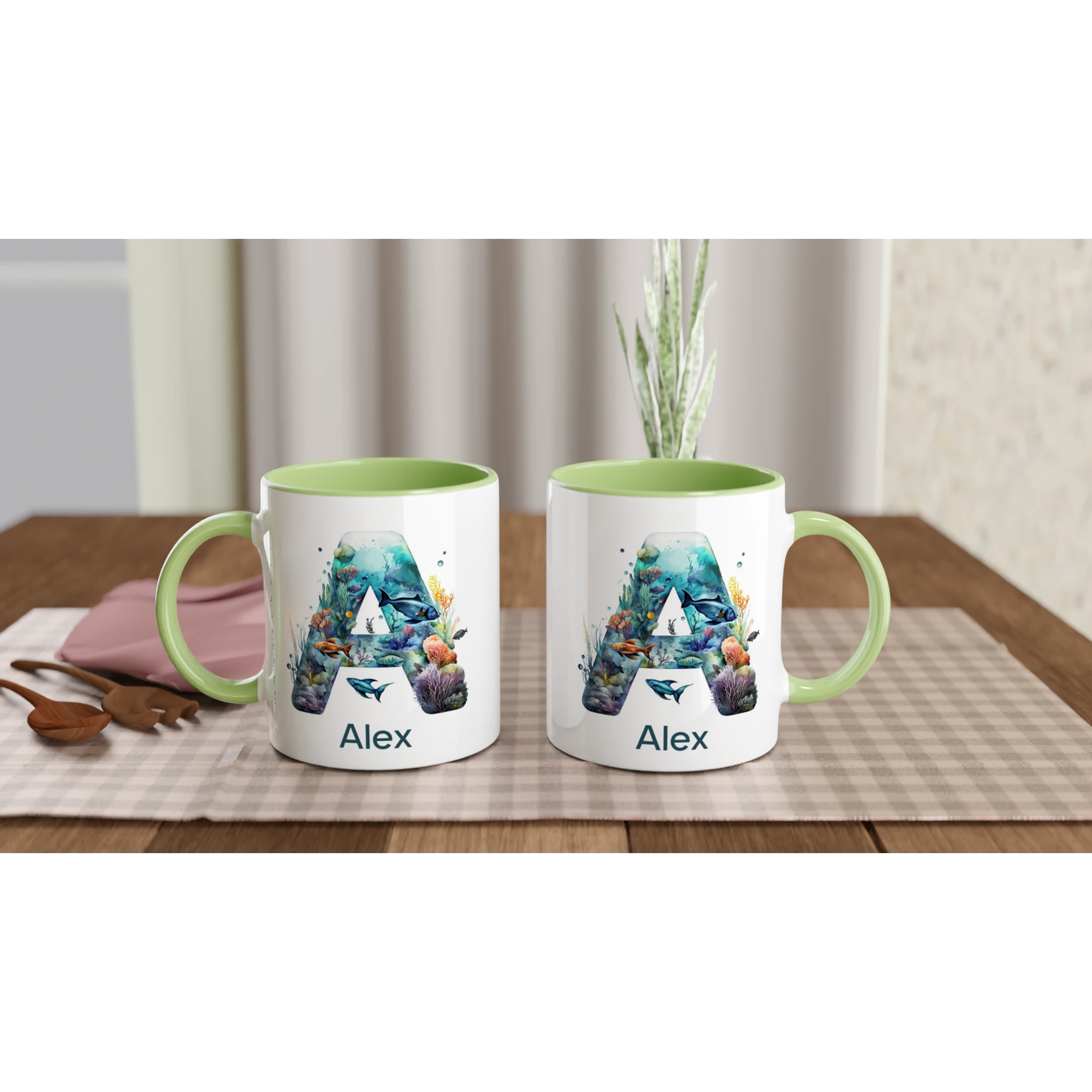 Coral Sea Initial 11oz Ceramic Mug Personalised 11oz Mug customise Globally Fulfilled Initial Name Ocean personalise