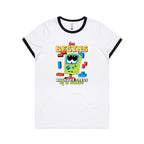 Fun Begins With The Press Of A Button, Game - Women's Ringer Tee White Black Womens Ringer T-shirt Games Printed In Australia