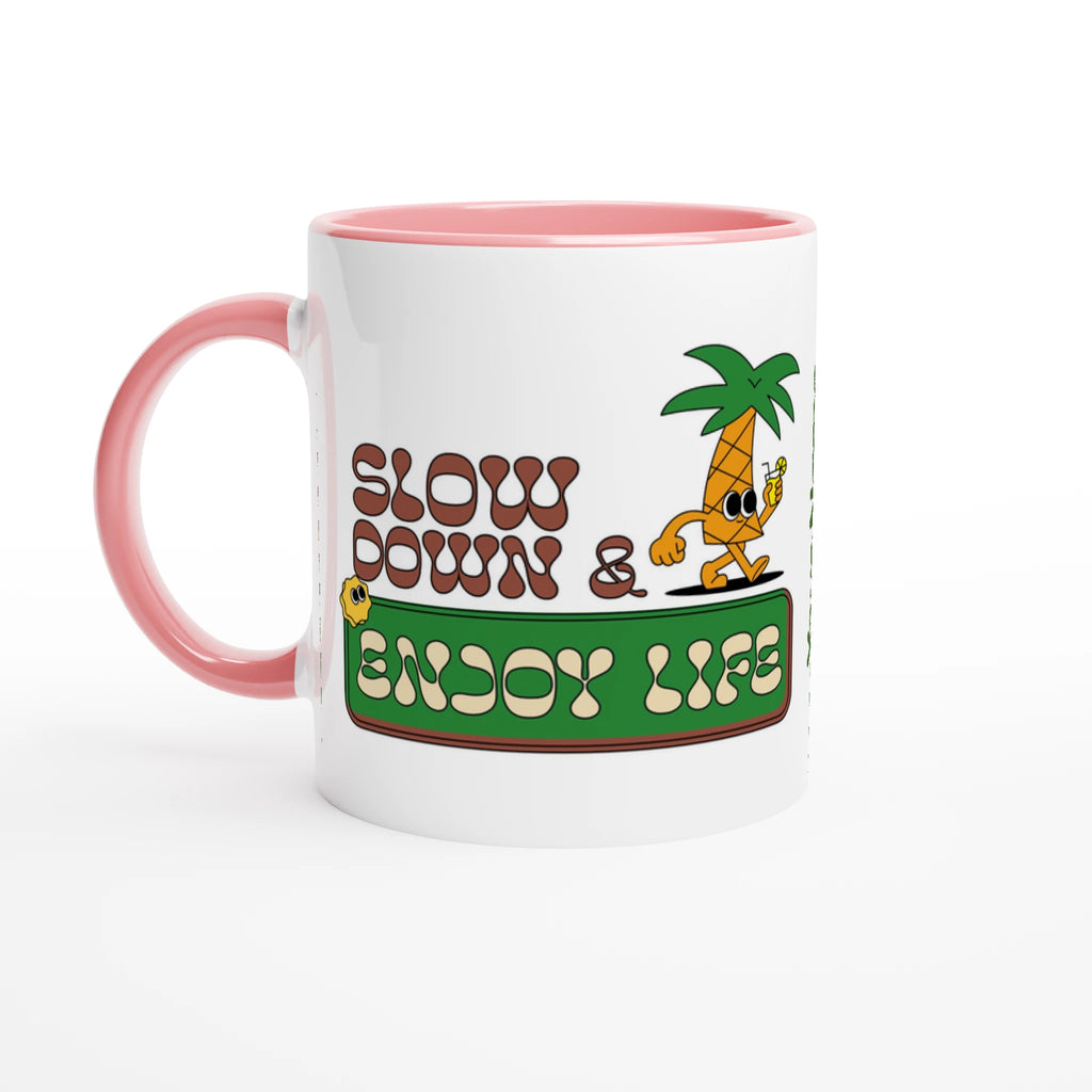 Personalise - Slow Down And Enjoy Life - White 11oz Ceramic Mug Ceramic Pink Personalised Mug customise Globally Fulfilled personalise Retro