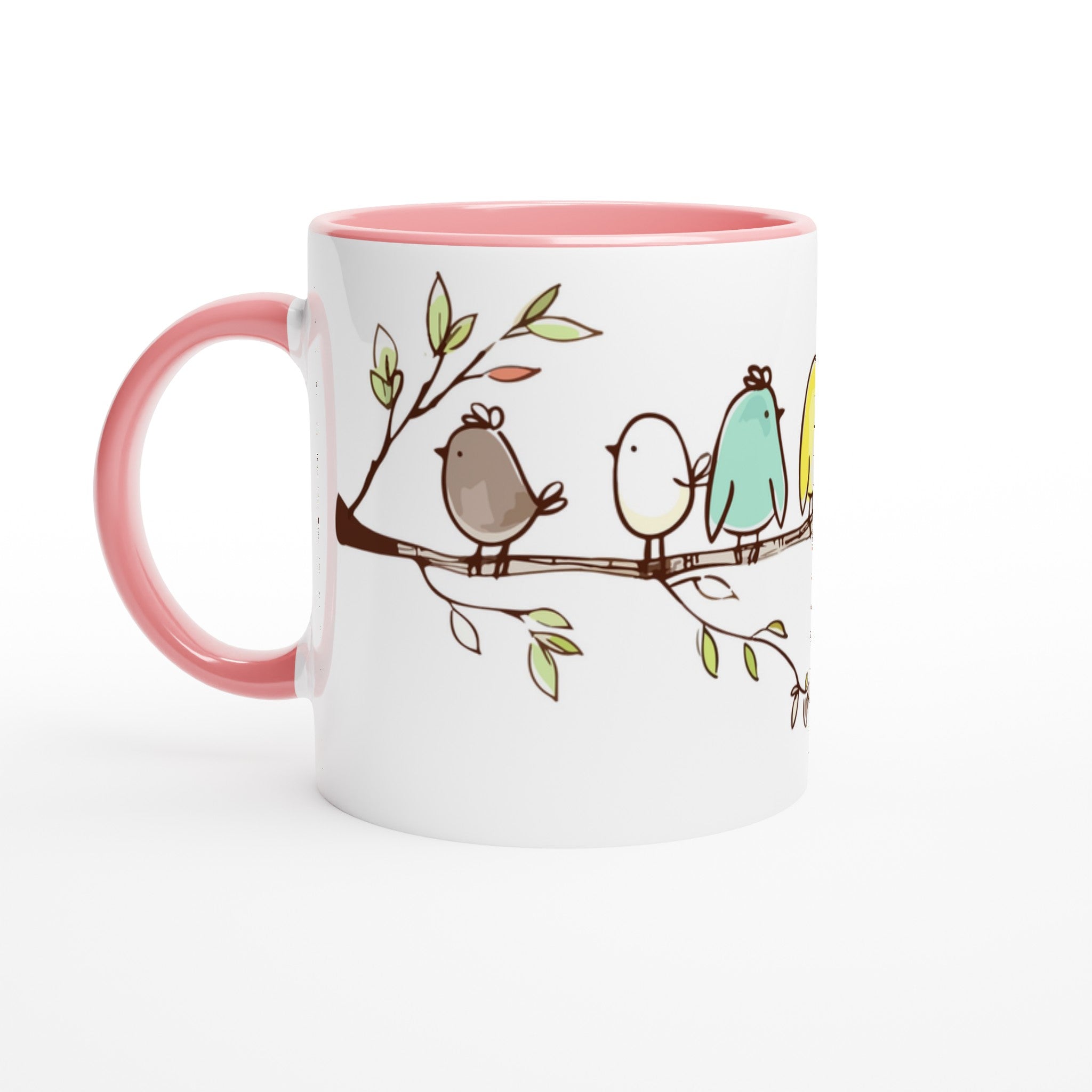 Birds On A Branch - White 11oz Ceramic Mug with Colour Inside Ceramic Pink Colour 11oz Mug animal Globally Fulfilled