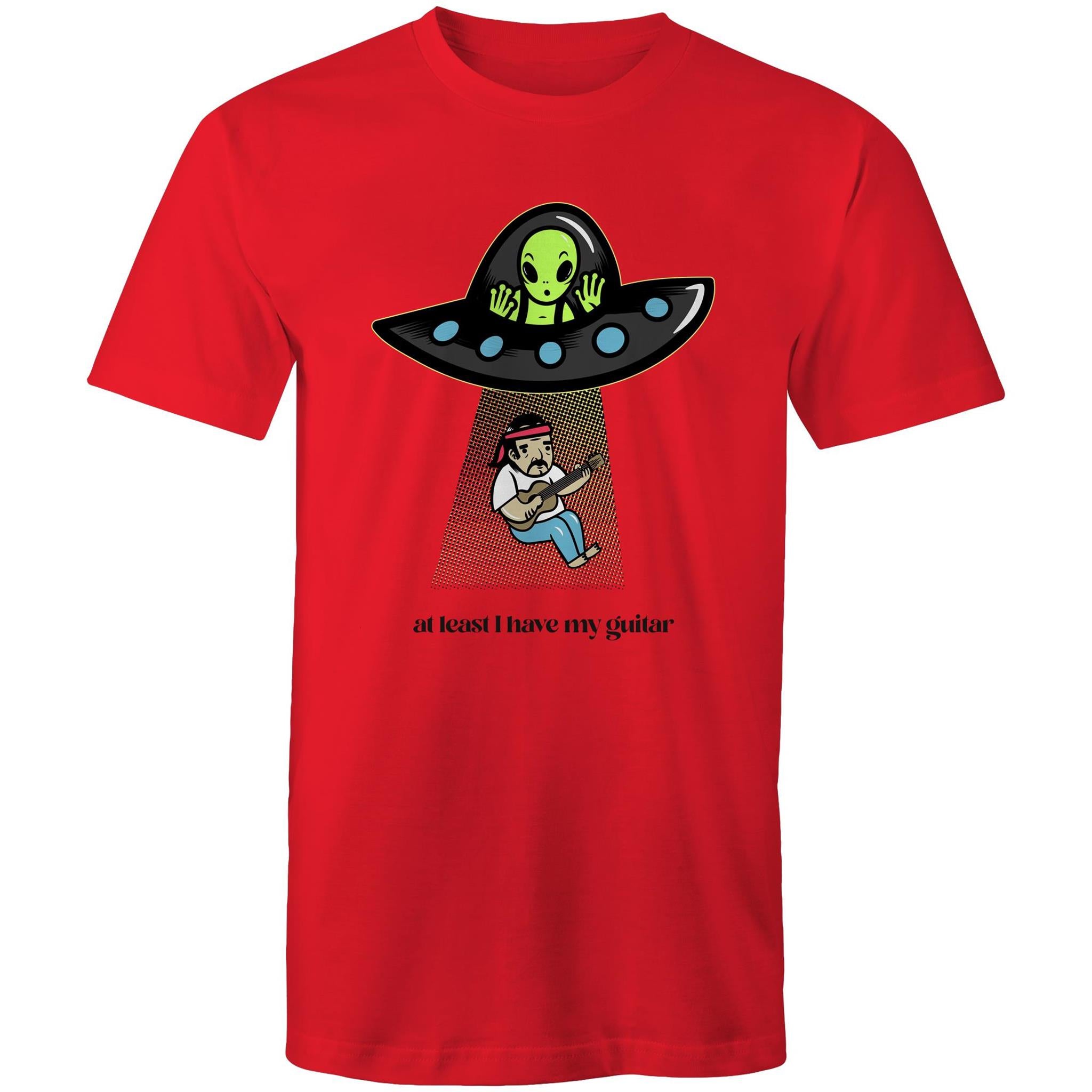 Alien Abduction, At Least I Have My Guitar - Mens T-Shirt Red Mens T-shirt Music Printed In Australia Sci Fi