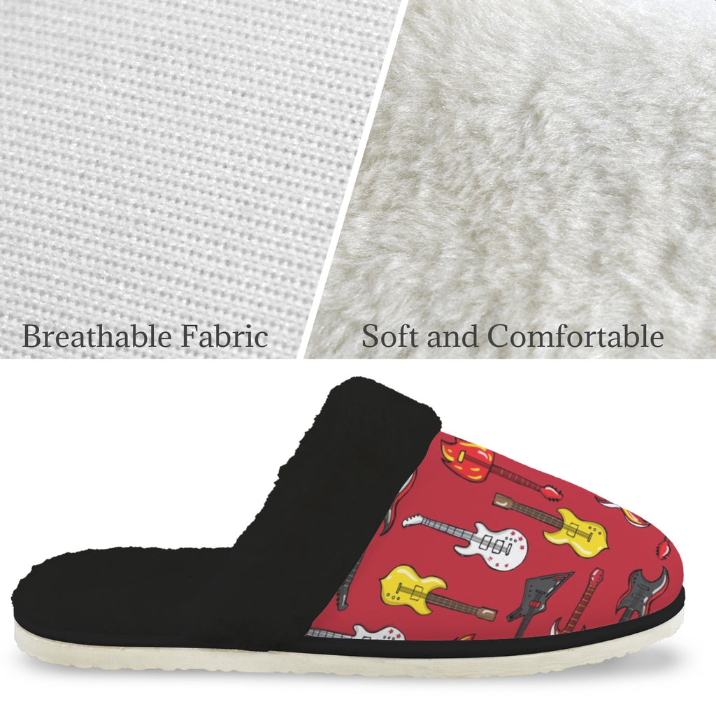 Guitars On Red Men's Fur Trim Thick-Sole Indoor Slippers Men's Fur Trimmed Slippers Music Printed Offshore