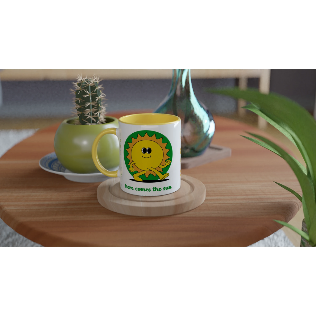 Personalised - Here Comes The Sun - White 11oz Ceramic Mug with Colour Inside Personalised 11oz Mug customise Globally Fulfilled personalise Retro Summer
