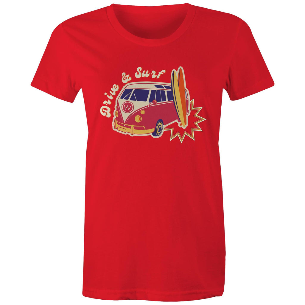 Drive And Surf - Womens T-shirt Red Womens T-shirt Printed In Australia Summer Surf