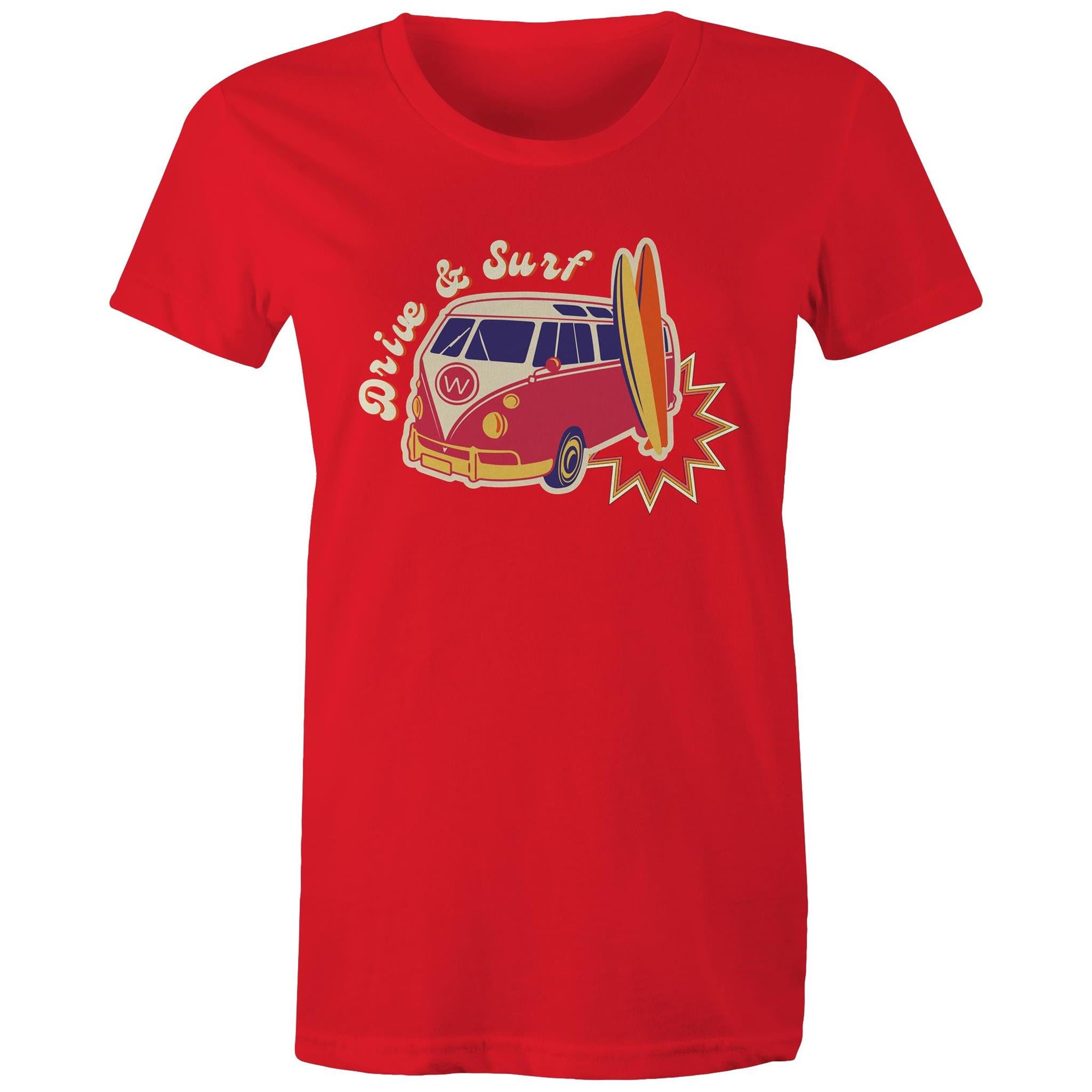 Drive And Surf - Womens T-shirt Red Womens T-shirt Printed In Australia Summer Surf