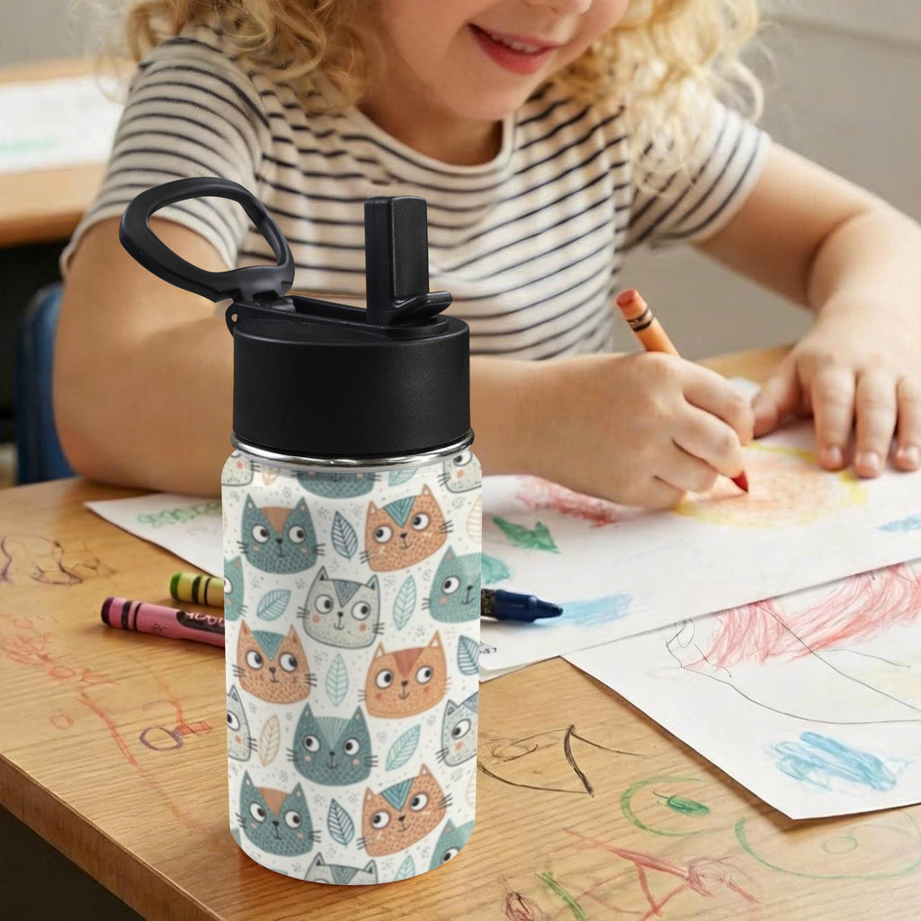 Cute Cat Faces 12oz Kids Water Bottle with Straw Lid
