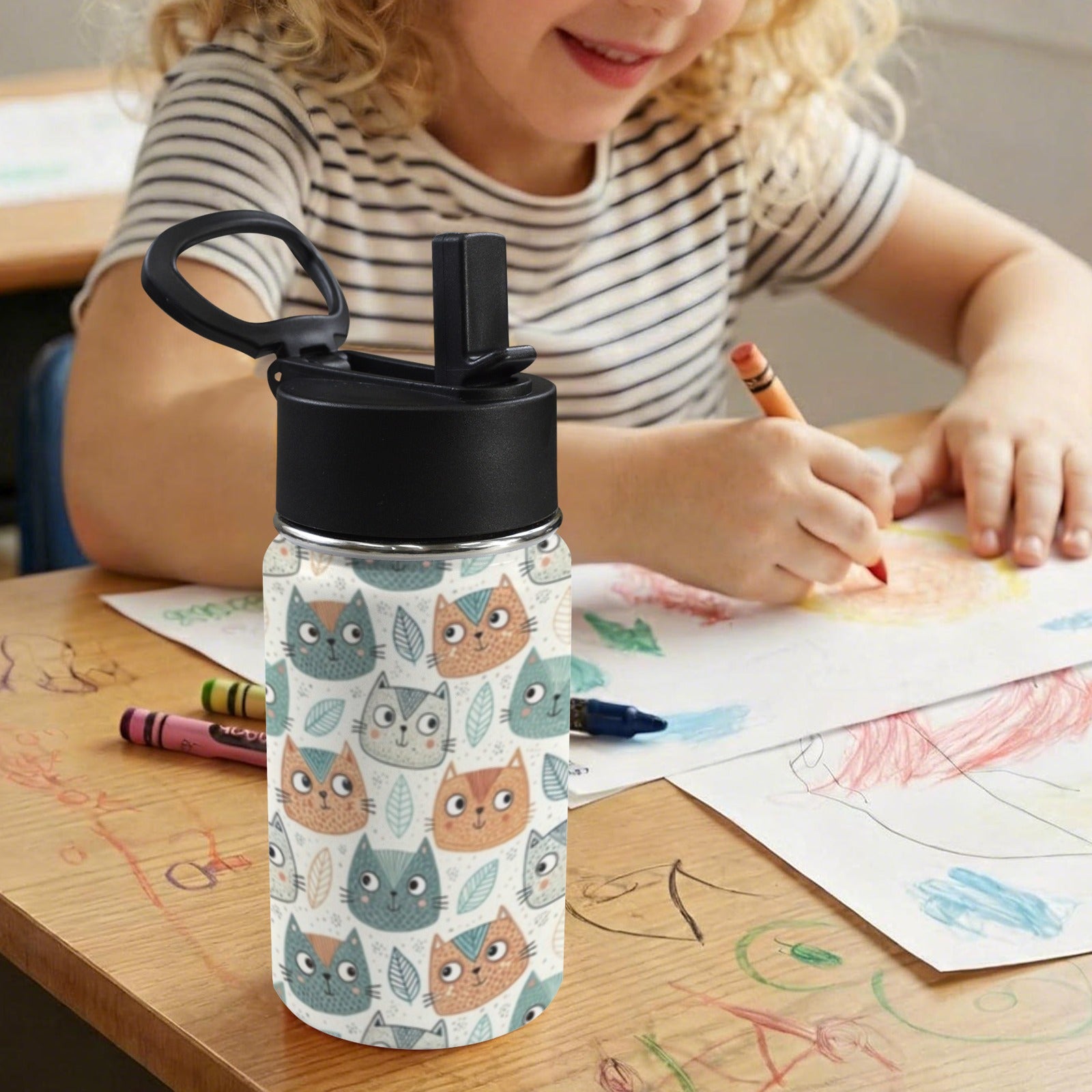 Cute Cat Faces 12oz Kids Water Bottle with Straw Lid