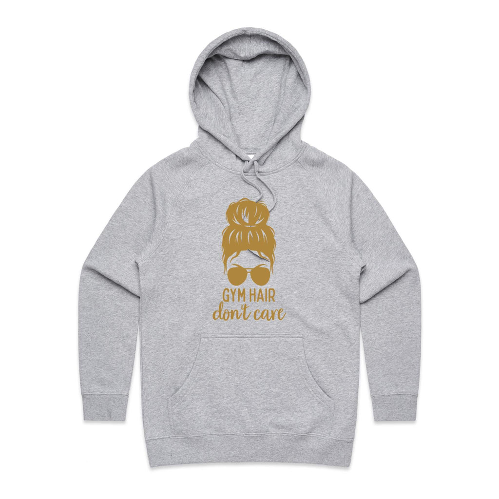 Gym Hair, Don't Care - Womens Hoodie Grey Marle Womens Hoodie Fitness Printed In Australia