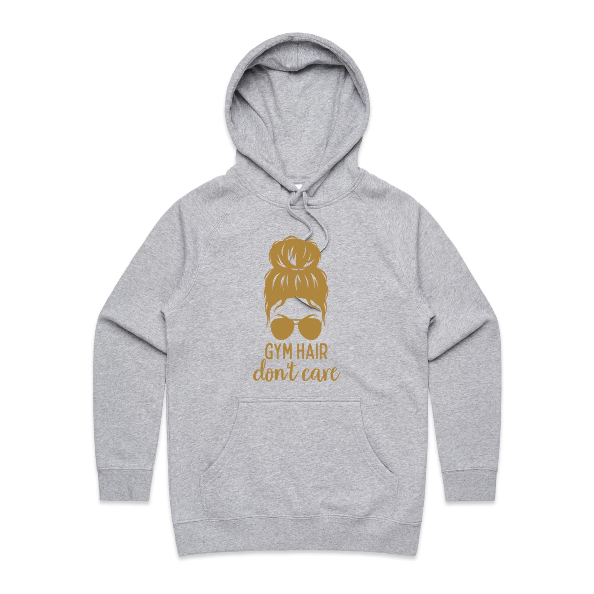 Gym Hair, Don't Care - Womens Hoodie Grey Marle Womens Hoodie Fitness Printed In Australia