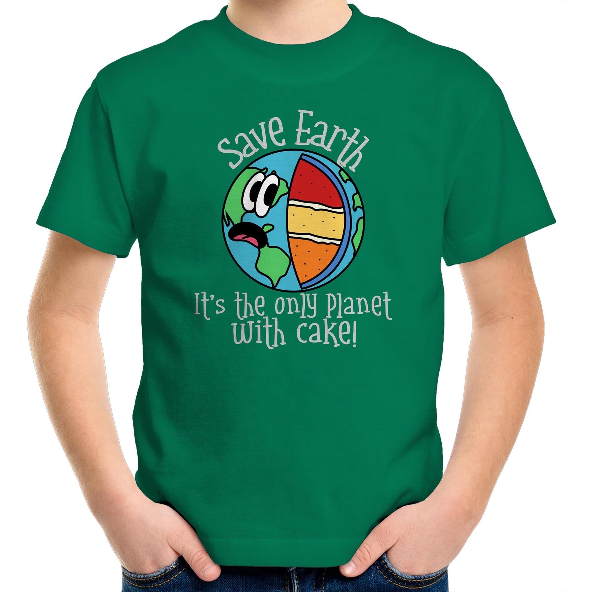 Save Earth, It's The Only Planet With Cake - Kids Youth T-Shirt Kelly Green Kids Youth T-shirt Environment Food Funny Printed In Australia