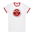 UFO, I'm Just Here For The Coffee - Staple Ringer Tee White Red Ringer T-Shirt Coffee Printed In Australia Sci Fi