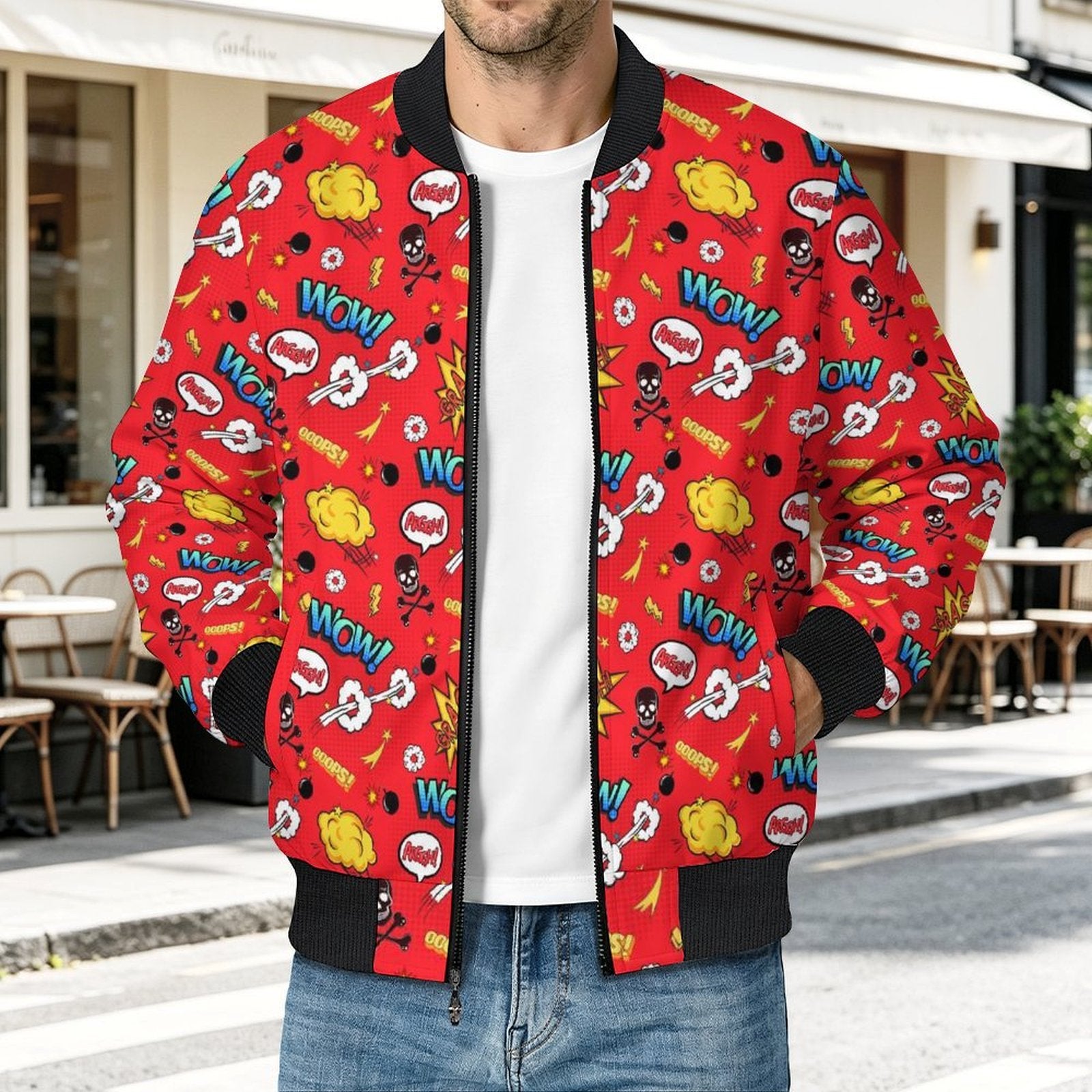 Comic Book Red Men's Casual Zip‑Up Bomber Jacket