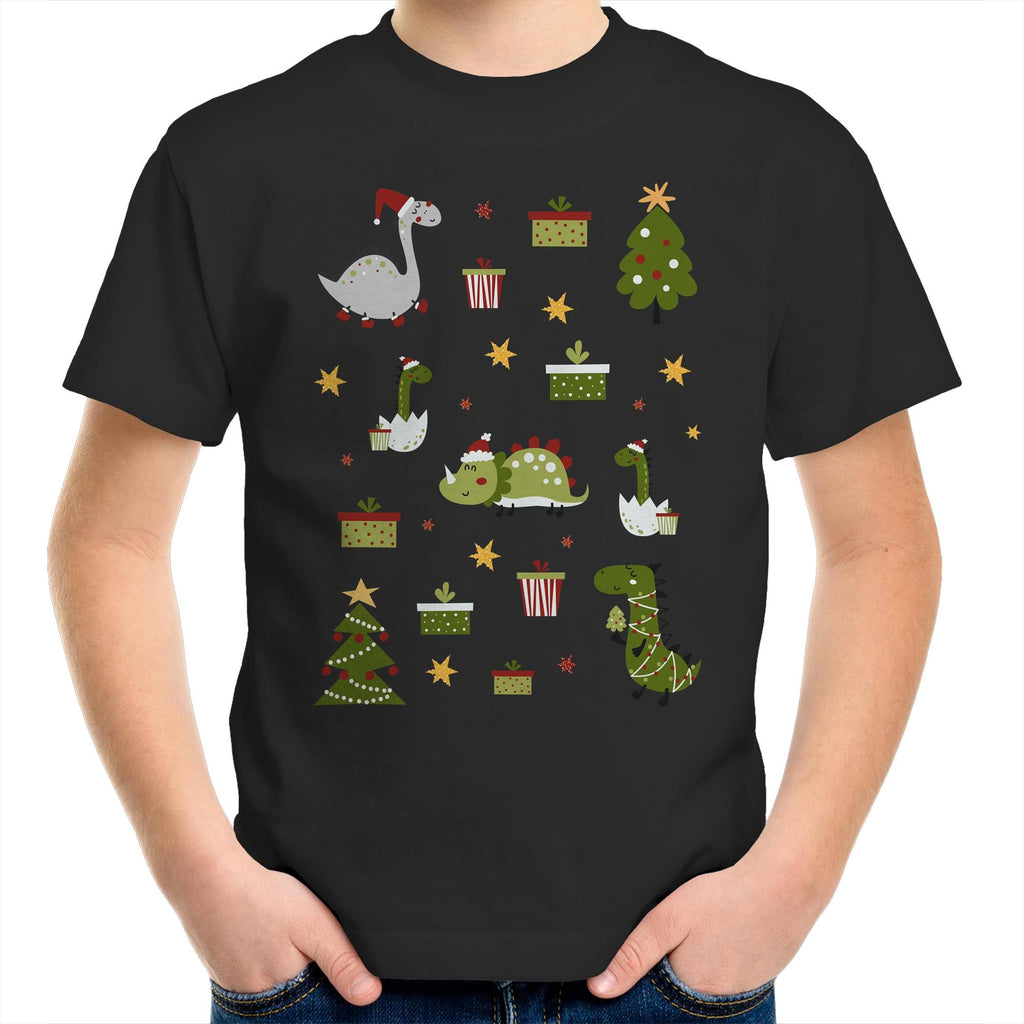Cute Dinosaur Christmas - Kids Youth T-Shirt Black Kids Christmas T-shirt Christmas Printed In Australia
