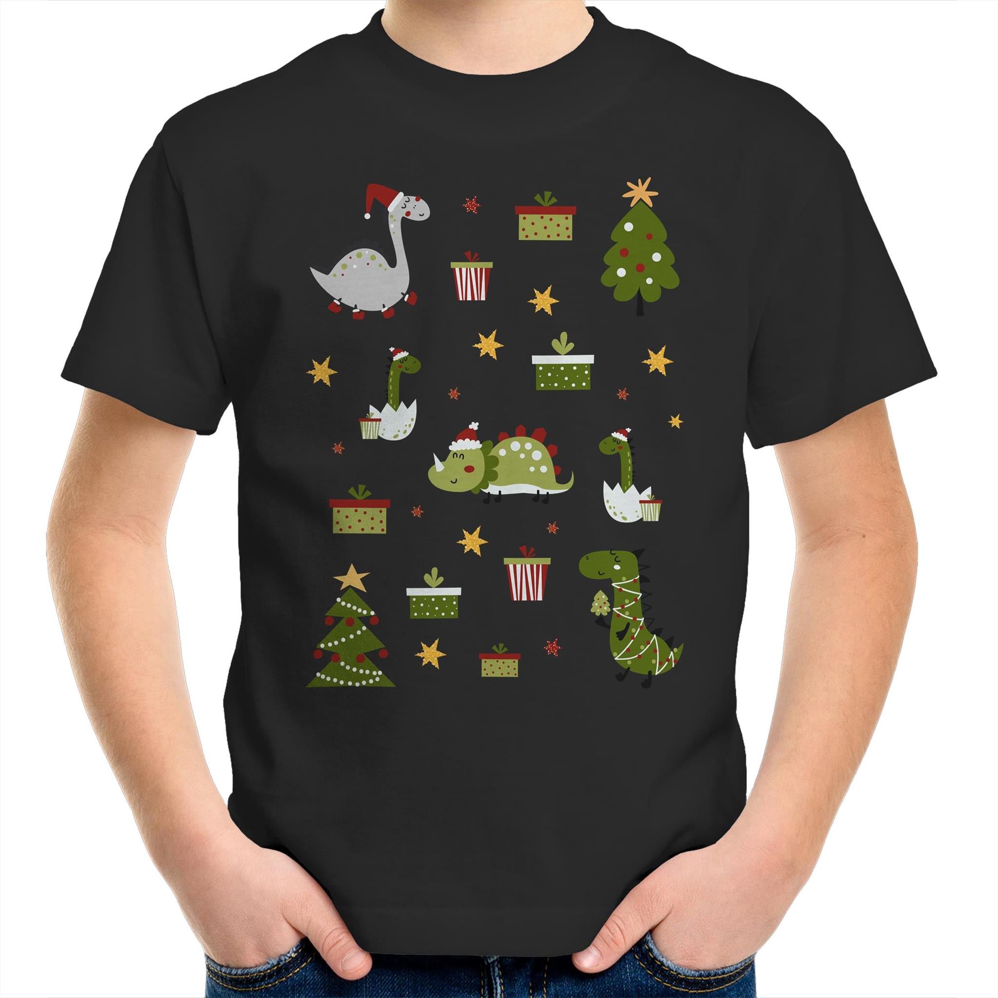 Cute Dinosaur Christmas - Kids Youth T-Shirt Black Kids Christmas T-shirt Christmas Printed In Australia